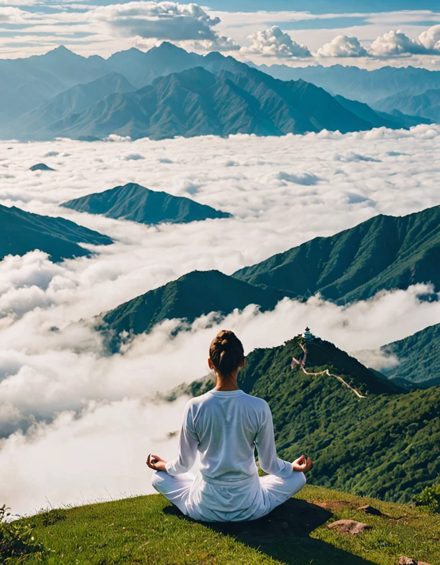 one person ,Meditation,Cross-legged,Back,meditation , Zen , Lush , mountains,Sea of Clouds,Vision