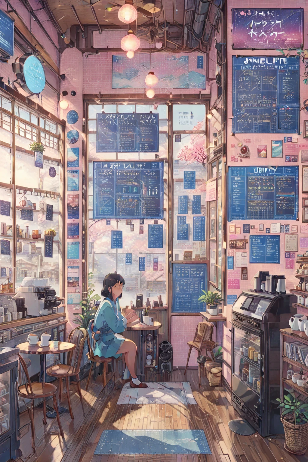 ON PARCHMENT,INK ILLUSTRATION, ((anime:1.4,illustration)),(masterpiece, top quality, best quality),(ultra-detailed, absolutely resolution),((16k, high res)), (((A detailed blueprint of the section of Lofi cafe, a fairytale-style cafe, detailed labeling text, grid lines,)) ((cozy lofi illustration:1.4)), ((anime:1.4, illustration)),(masterpiece, top quality, best quality),(ultra-detailed, absolutely resolution),((16k, high res)) BREAK {lofi art, style of Laurie Greasley, style of Makoto Shinkai, anime aesthetic},