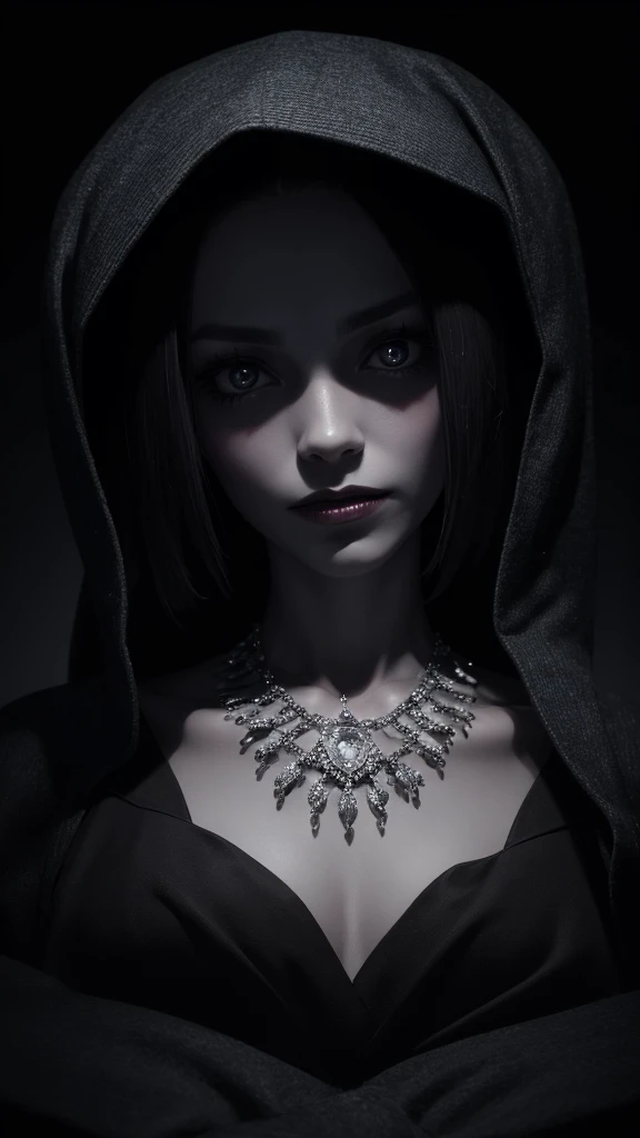 Horrifying dead women in coffin ,made of diamonds, studio light, dark background, photography

