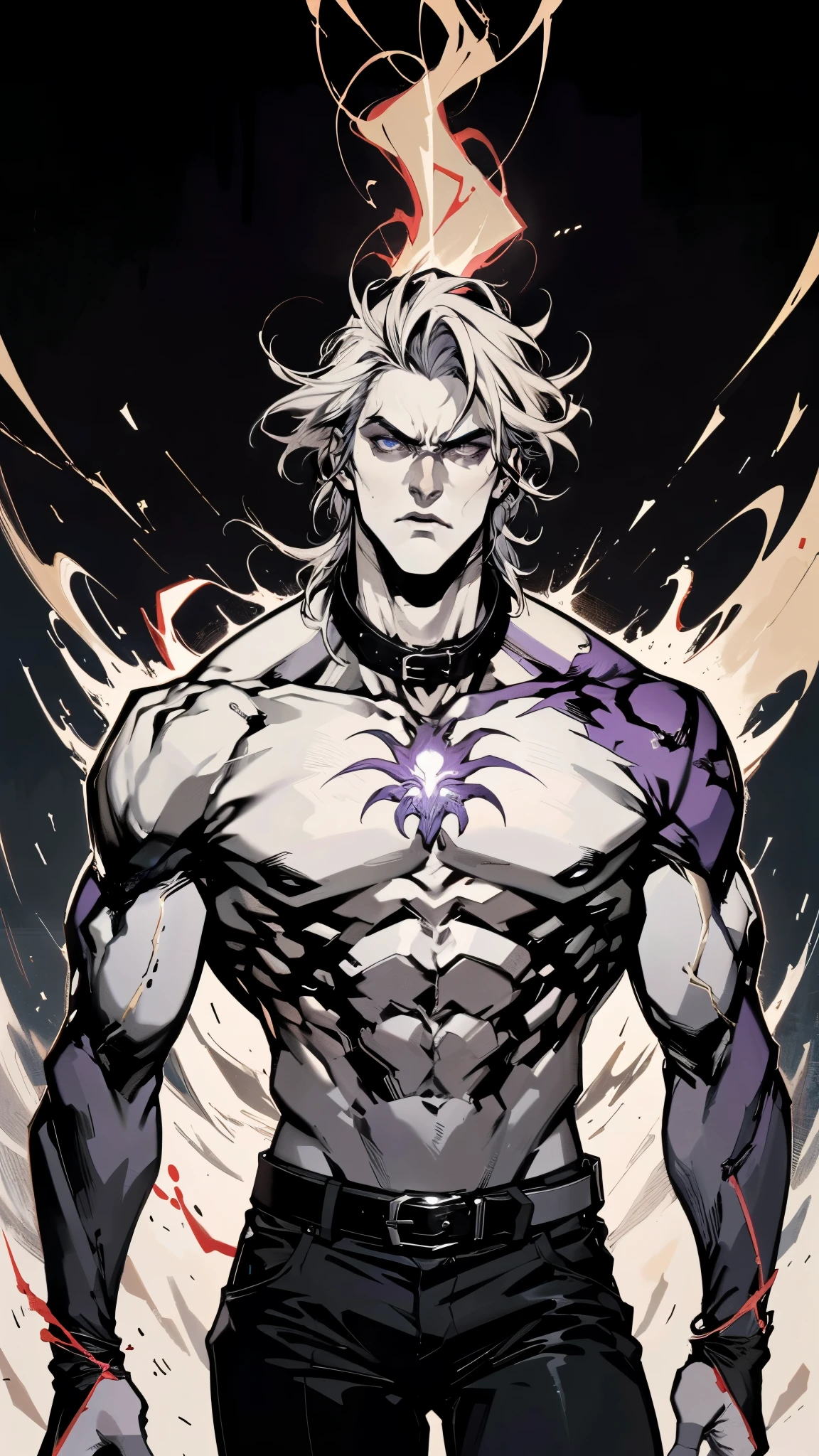 A young man with short gray hair, completely white skin, pale skin, resolute eyes, handsome face, serious expression, a metal collar around his neck, his upper body is bare, a slender yet muscular build, a purple demon tattoo is on his left shoulder, a black and white belt, cloth trousers, emitting a purple aura, he stands in a mining valley, the ground around him glowing red and cracking open, this character embodies a finely crafted fantasy-style slave warrior in anime style, exquisite and manga art style, dramatic, high definition, best quality, highres, ultra-detailed, ultra-fine painting, extremely delicate, professional, perfect body proportions, golden ratio, anatomically correct, symmetrical face, extremely detailed eyes and face, high quality eyes, creativity, RAW photo, UHD, 32k, Natural light, cinematic lighting, masterpiece-anatomy-perfect, masterpiece:1.5