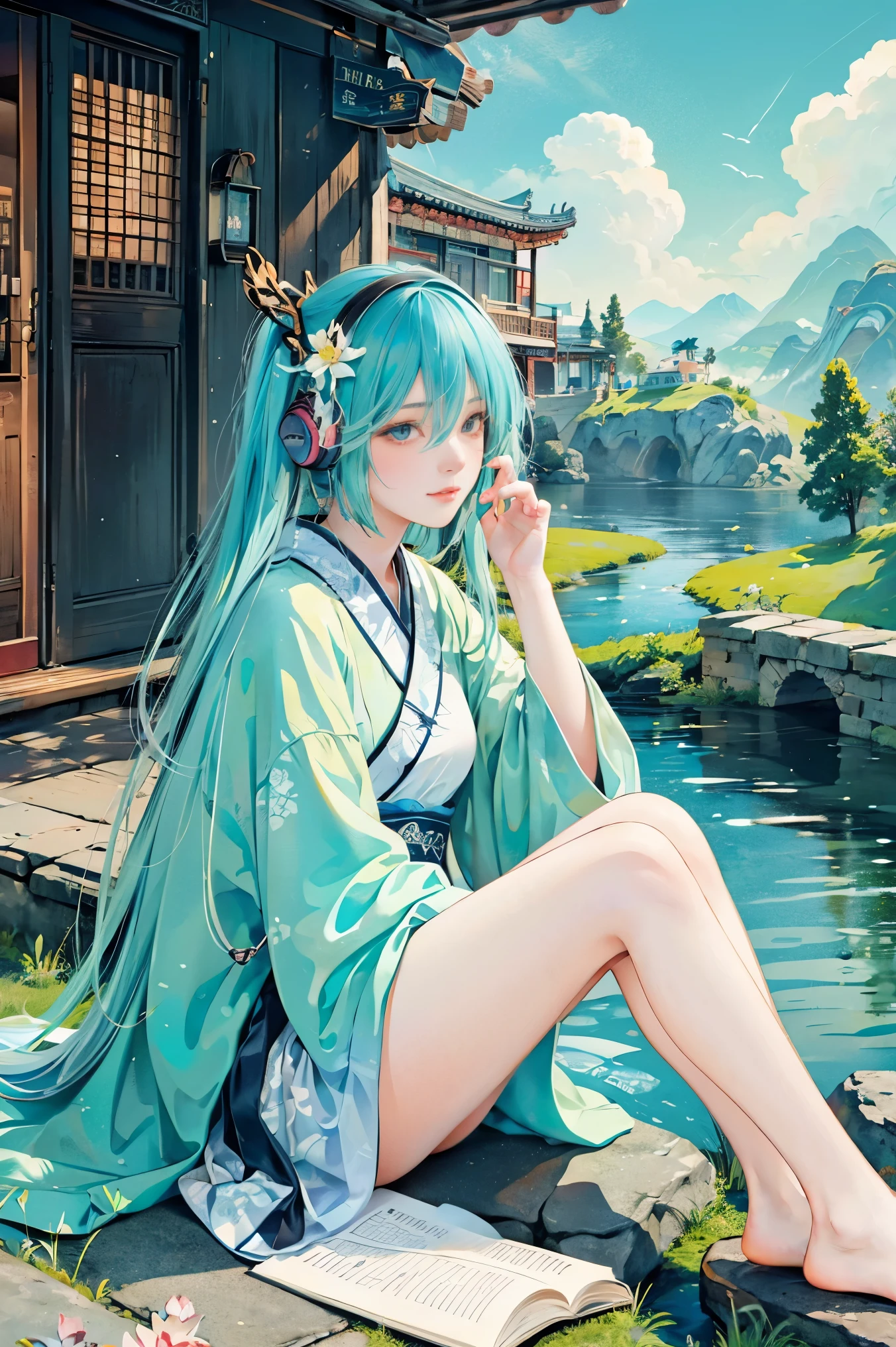 masterpiece,illustration,best quality,extremely detailed CG unity 8k wallpaper,cloud,bird,lotus,lake,fish,scenery,ancient Chinese architecture,miku hatsune,(sitting on a big stone in the distance of the scene1.3),crossed bangs,hair between eyes,hair ornament,headphones,long hair,hanfu,1girl,