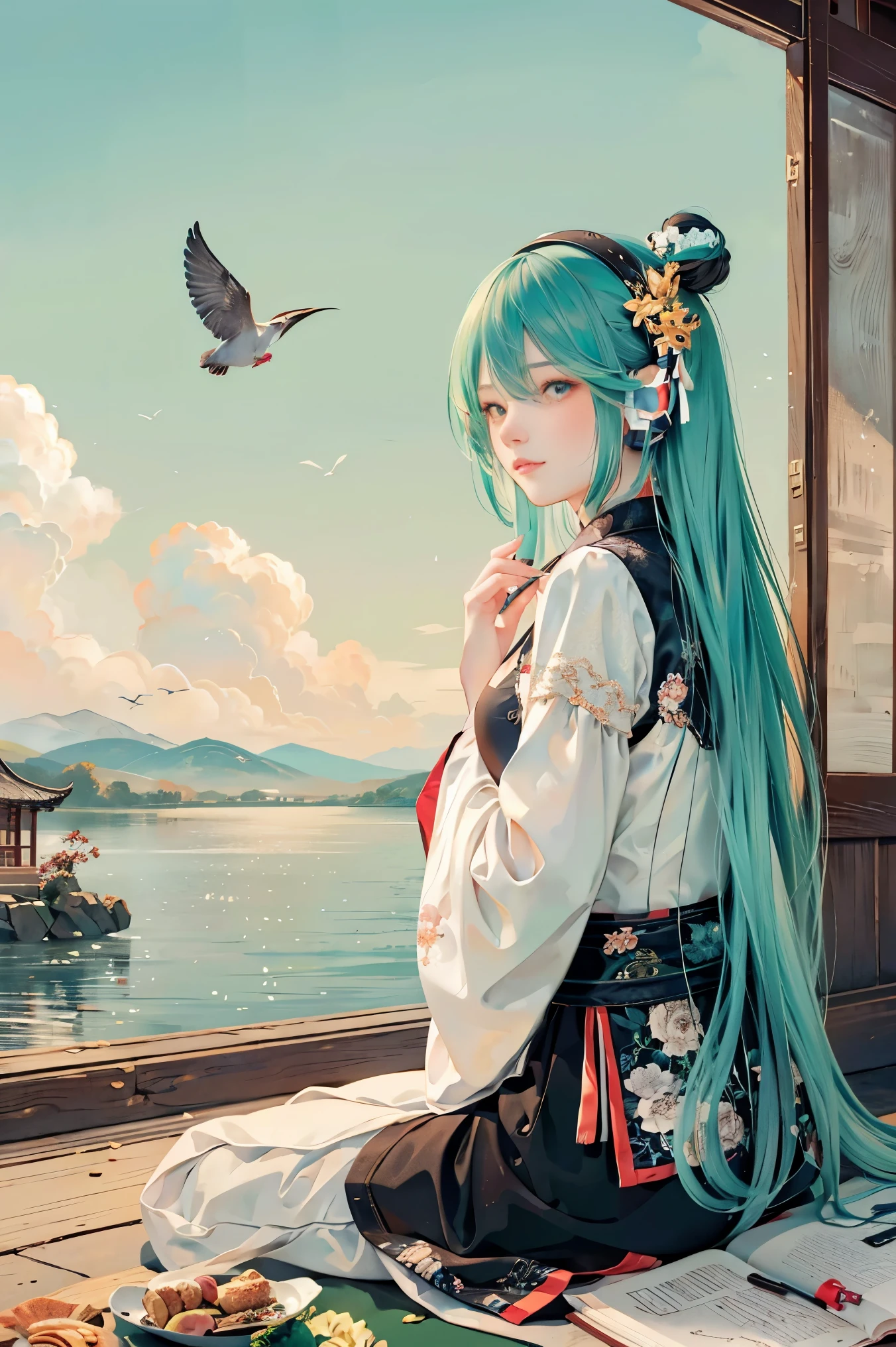 masterpiece,illustration,best quality,extremely detailed CG unity 8k wallpaper,cloud,bird,lotus,lake,fish,scenery,ancient Chinese architecture,miku hatsune,(sitting on a big stone in the distance of the scene1.3),crossed bangs,hair between eyes,hair ornament,headphones,long hair,hanfu,1girl,