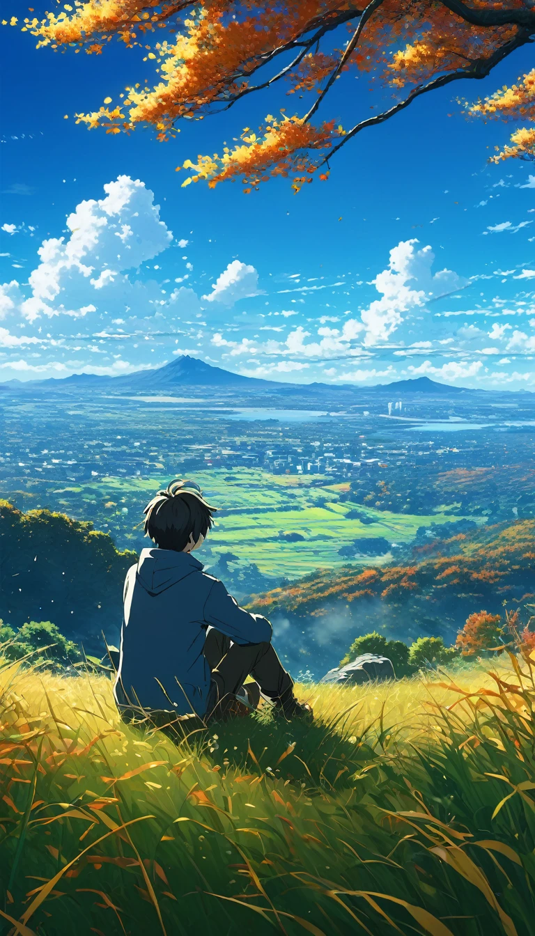 a boy sitting in an autumn meadow, viendo un vasto cielo azulcon nuvez azul oscuras, hiervas altas, cielo nublado, makoto shinkai cyril rolando, Fondo de pantalla de arte anime 4k, Fondo de pantalla de arte anime 4K, fondo animado, fondo de pantalla de arte anime 8 K, fondo animado art, Fondo De Pantalla De Paisaje De Anime, amazing wallpaper, hd wallpaper, fondo de pantalla animado 4k, fondo de pantalla animado 4k, arte de Aries Moross,arte de Bob Byerley , AshleyWoodArtAI, greg rutkowski