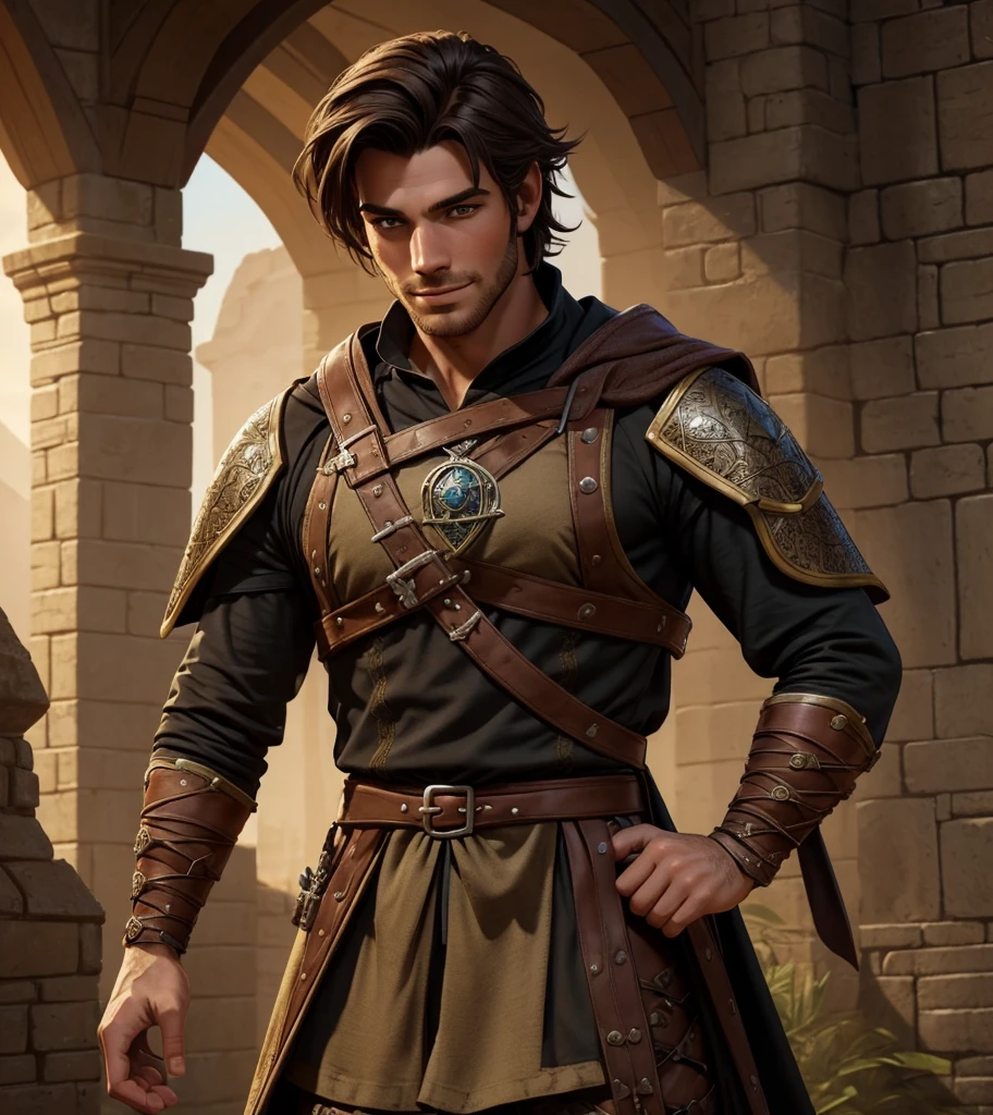 (((Solo character image.))) (((Generate a single character image.)))  (((Dressed in medieval fantasy attire.)))  (((Dressed in medieval fantasy attire.))) Cute guy. Hot guy.   (((Dressed in medieval fantasy attire.))) Boyfriend in a fantasy setting. Looks like a fun-loving and heroic male adventurer for Dungeons & Dragons. Looks like a very attractive male adventurer for a high fantasy setting. Looks like a hot boyfriend. Looks like a handsome and rugged male adventurer for Dungeons & Dragons. Looks like a handsome male for a medieval fantasy setting. Looks like a Dungeons & Dragons adventurer, very cool and masculine hair style, black clothing, handsome, charming smile, adventurer, athletic build, excellent physique, confident, gorgeous face, gorgeous body,  detailed and intricate, fantasy setting,fantasy art, dungeons & dragons, fantasy adventurer, fantasy NPC, attractive male in his mid 20's, ultra detailed, epic masterpiece, ultra detailed, intricate details, digital art, unreal engine, 8k, ultra HD, centered image award winning, fantasy art concept, digital art, centered image, flirting with viewer, best quality:1.0,hyperealistic:1.0,photorealistic:1.0,madly detailed CG unity 8k wallpaper:1.0,masterpiece:1.3,madly detailed photo:1.2, hyper-realistic lifelike texture:1.4, picture-perfect:1.0,8k, HQ,best quality:1.0,