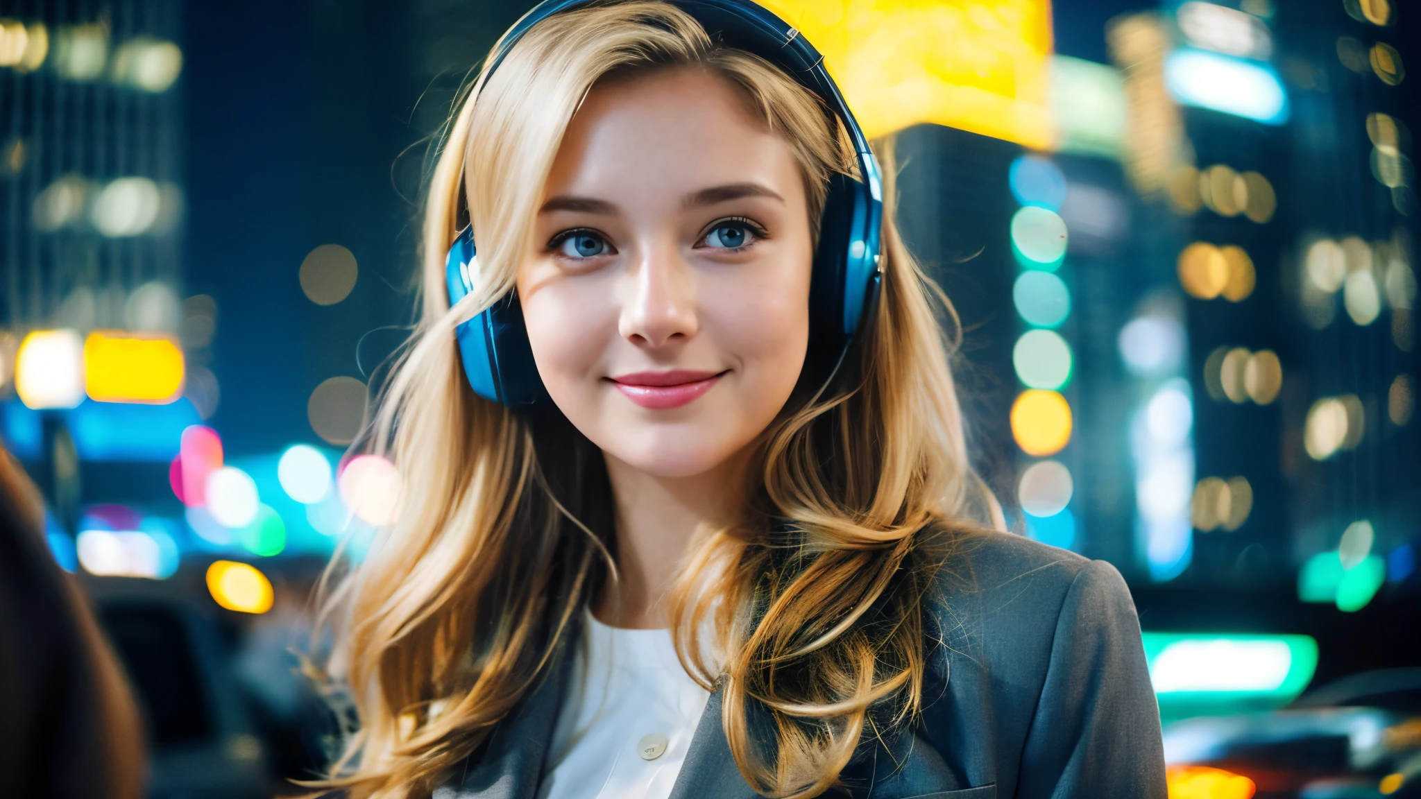 Beautiful blonde with large breasts in a gray suit (Big city at night、Wandering through the neon-lit skyscrapers),Wearing headphones,Very detailed, 21 years old, Innocent face, Naturally Wavy Hair, blue eyes, High resolution, masterpiece, Highest quality, Intricate details, Very detailed, Clear focus, Delicate skin, practical skin texture, texture, Delicate eyes, Professional, 4K, Cute Smile, Shot with Canon, 85mm, Shallow and deep, Kodak Vision Color, Exactly, Very detailed, photograph_\(Extremist\), photographpractical, practical, Post-processing, Maximum details, Roughness, Real Life, Extremist practical, Photorealism, photographgraphy, 8K Ultra HD, photographgraphy