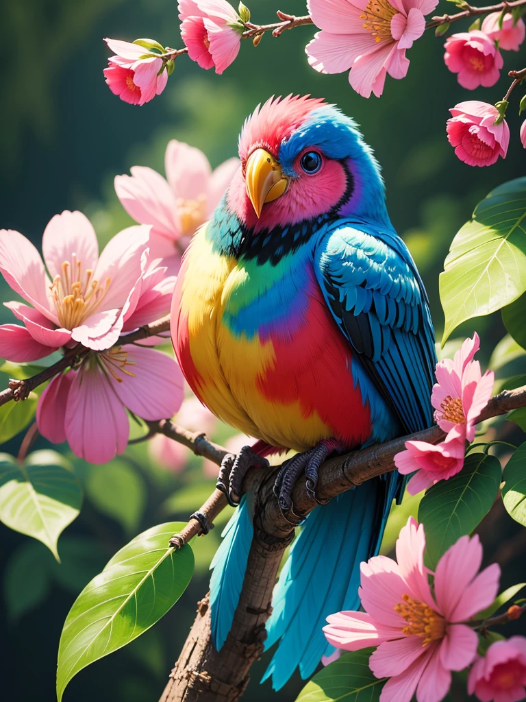colorful bird sitting on a branch of a tree with pink and red flowers colorful bird with a long, birdcolored, foto hd colorida, lindo e colorido, lindo colorido, pintura de um beija-flor, cheio de cores e detalhes ricos, painted in bright water colors, imagem colorida, cores vibrantes e realistas, rico colorido, Natureza bela, lindamente pintado, colorido 8k, pintura da natureza