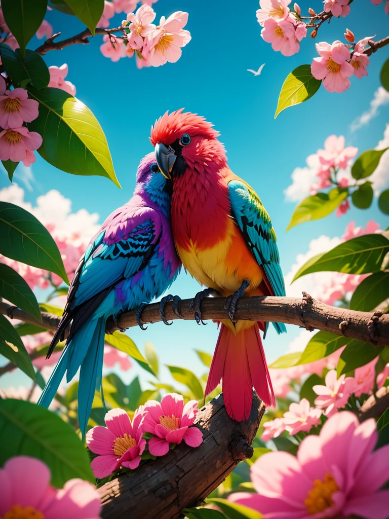 colorful bird sitting on a branch of a tree with pink and red flowers colorful bird with a long, birdcolored, foto hd colorida, lindo e colorido, lindo colorido, pintura de um beija-flor, cheio de cores e detalhes ricos, painted in bright water colors, imagem colorida, cores vibrantes e realistas, rico colorido, Natureza bela, lindamente pintado, colorido 8k, pintura da natureza