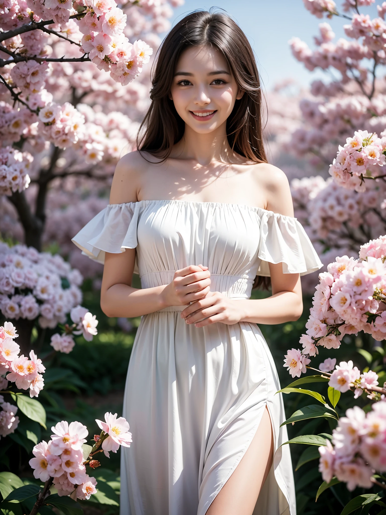 Best quality, masterpiece, ultra high res, (photorealistic:1.4), raw photo, 1girl, white dress, off shoulder, blossom violet flower field, glowing skin, light smile