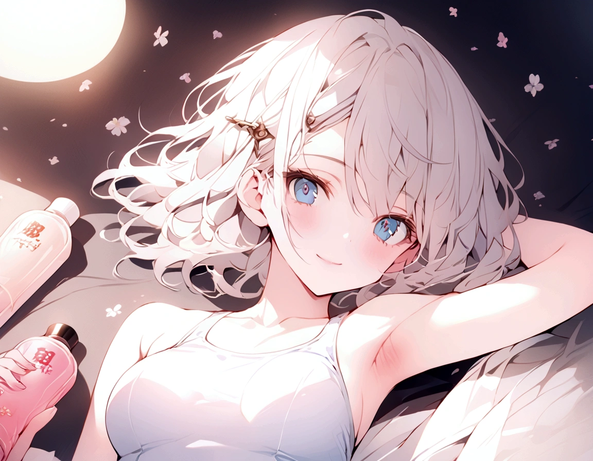 beautiful, masterpiece, Highest quality, anime, One girl, C Cup,Portrait Shot, View your viewers, Intricate details,>,((Covered、Short Hair、nearby、Blue Eyes、art、White hair,Blue streaked hair、wallpaper、silk_White Knee Highs、hairpin、smile、Thighs、、lotion、Lying on your back、Armpit、silk_White school swimsuit