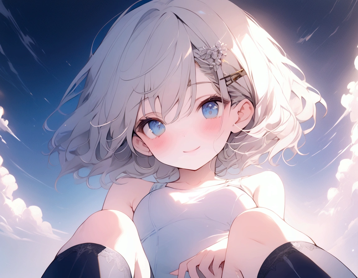 beautiful, masterpiece, Highest quality, anime, One girl, C Cup,Portrait Shot, View your viewers, Intricate details,>,((Covered、Short Hair、nearby、Blue Eyes、art、White hair,Blue streaked hair、wallpaper、silk_White Knee Highs、hairpin、smile、Thighs、、lotion、Lying on your back、Armpit、silk_White school swimsuit