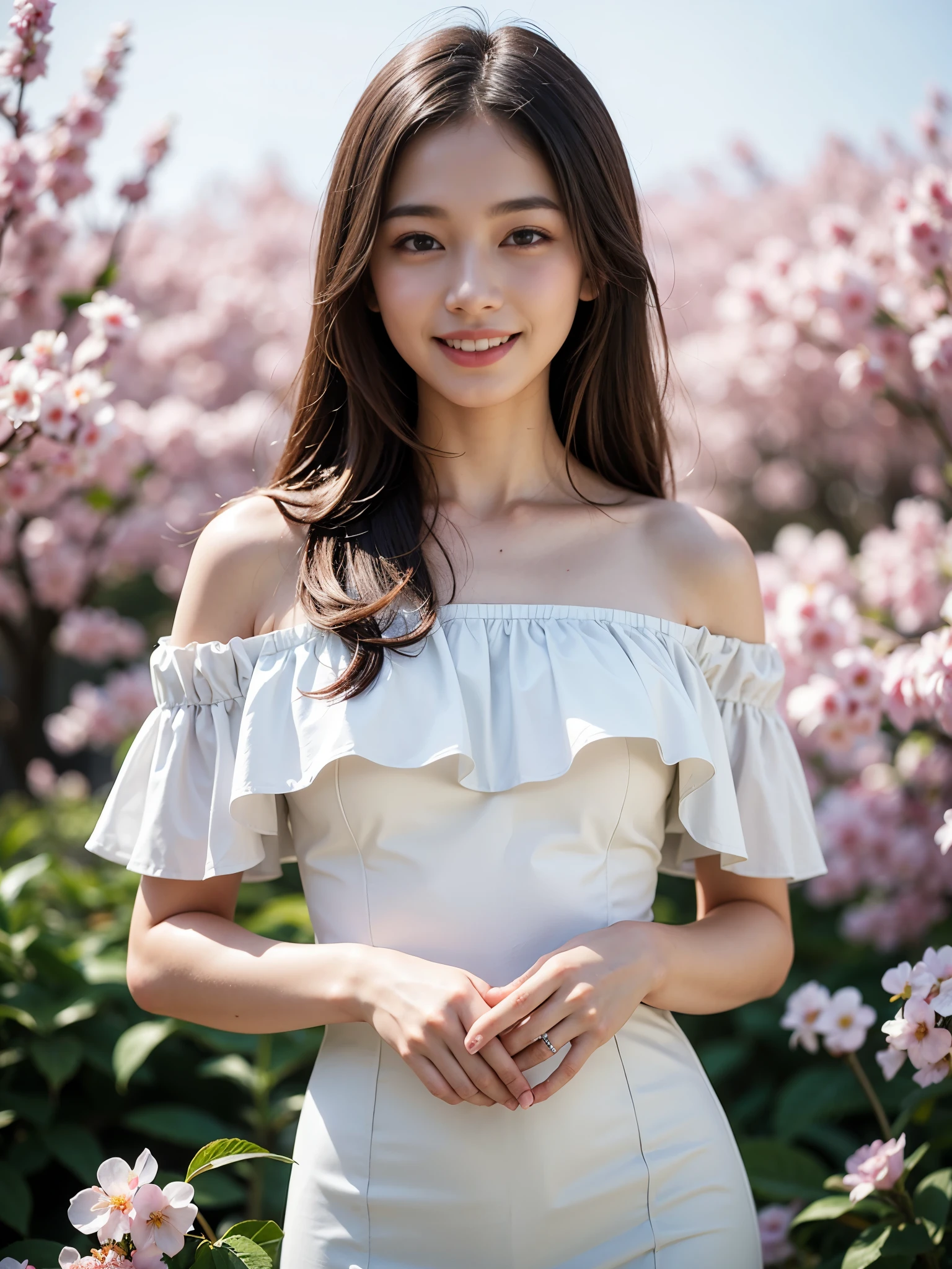 Best quality, masterpiece, ultra high res, (photorealistic:1.4), raw photo, 1girl, white dress, off shoulder, blossom violet flower field, glowing skin, light smile