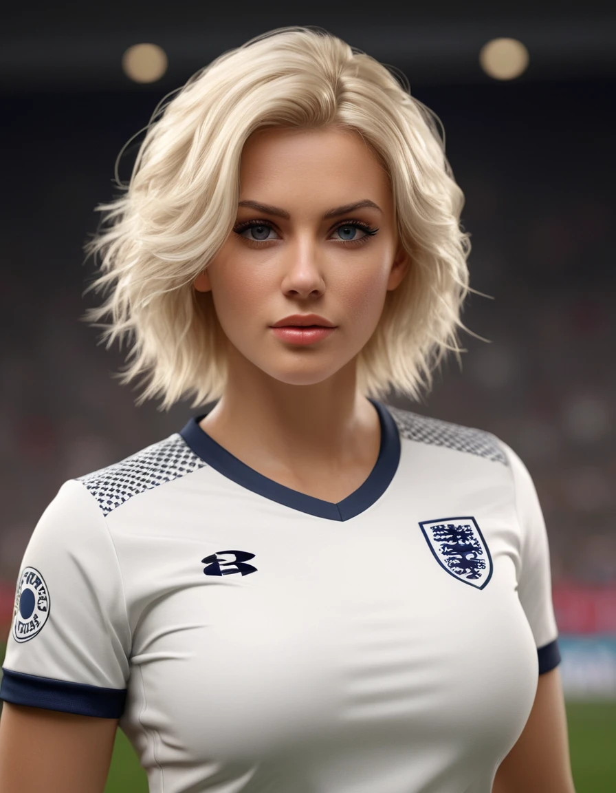 beautiful blonde woman wearing a tight England football shirt, intricate detailed face, beautiful detailed eyes, beautiful detailed lips, long eyelashes, muscular athletic figure, dynamic action pose, (best quality,4k,8k,highres,masterpiece:1.2),ultra-detailed,(realistic,photorealistic,photo-realistic:1.37),HDR,UHD,studio lighting,ultra-fine painting,sharp focus,physically-based rendering,extreme detail description,professional,vivid colors,bokeh,sports,football,portrait, (messy bob hairstyle, white blond hair color), messy hairstyle, messy bob, messy hairstyle, white blond, 5 foot 3 inches tall, 110 pounds in weight, 34G breasts, large firm round breasts, very large breasts, cleavage, photorealistic, 4K, 8K, UHD