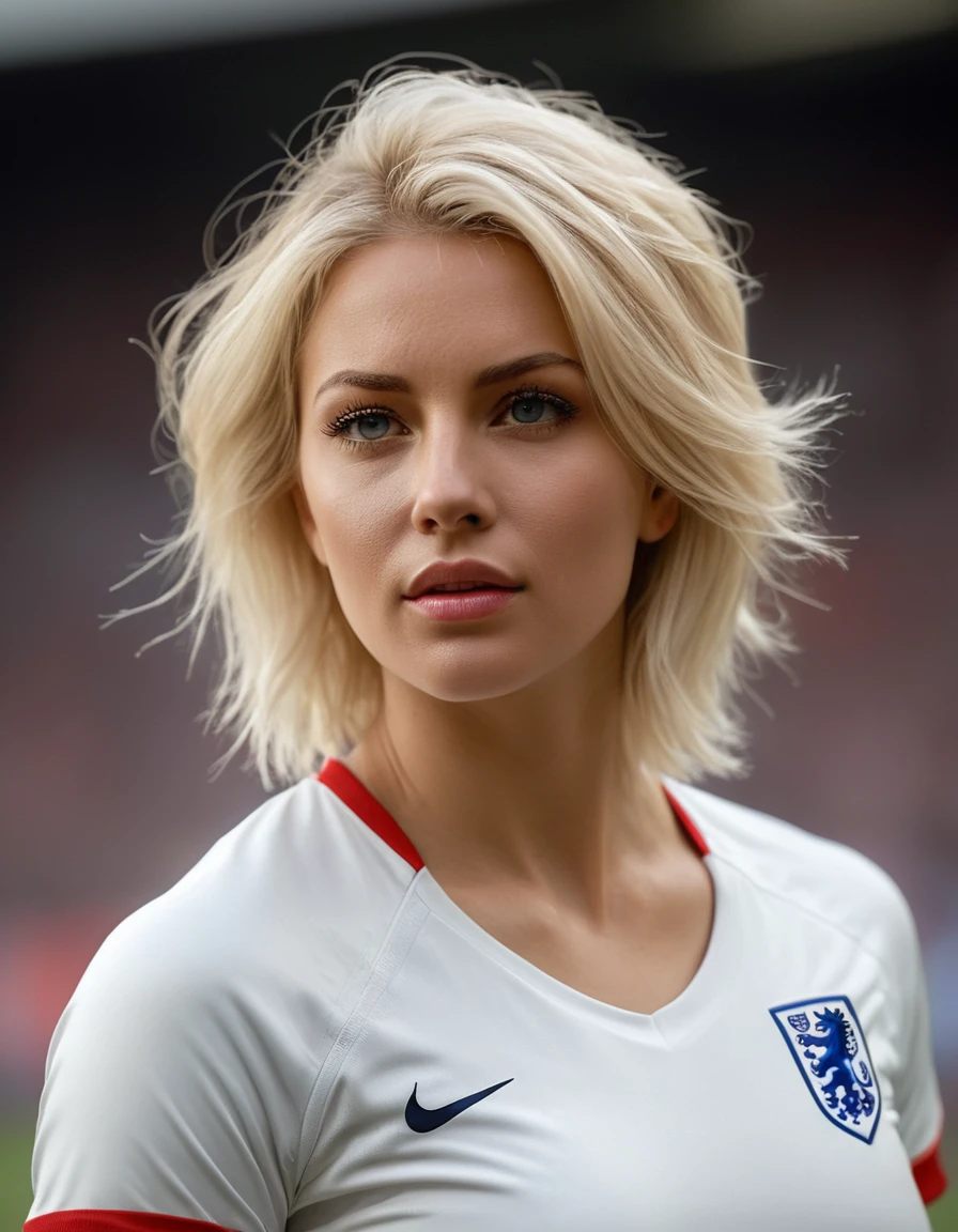 beautiful blonde woman wearing a tight England football shirt and lace gstring panties, full body picture, intricate detailed face, perfect body, athletic body, beautiful detailed eyes, beautiful detailed lips, long eyelashes, muscular athletic figure, dynamic action pose, (best quality,4k,8k,highres,masterpiece:1.2),ultra-detailed,(realistic,photorealistic,photo-realistic:1.37),HDR,UHD,studio lighting,ultra-fine painting,sharp focus,physically-based rendering,extreme detail description,professional,vivid colors,bokeh,sports,football,portrait, (messy bob hairstyle, white blond hair color), messy hairstyle, messy bob, messy hairstyle, white blond, 5 foot 3 inches tall, 110 pounds in weight, 34G breasts, large firm round breasts, very large breasts, cleavage, photorealistic, 4K, 8K, UHD, long shot,