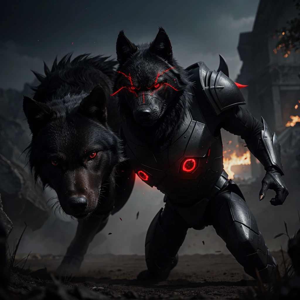 A red-eyed black armored warrior was fighting a black giant wolf.