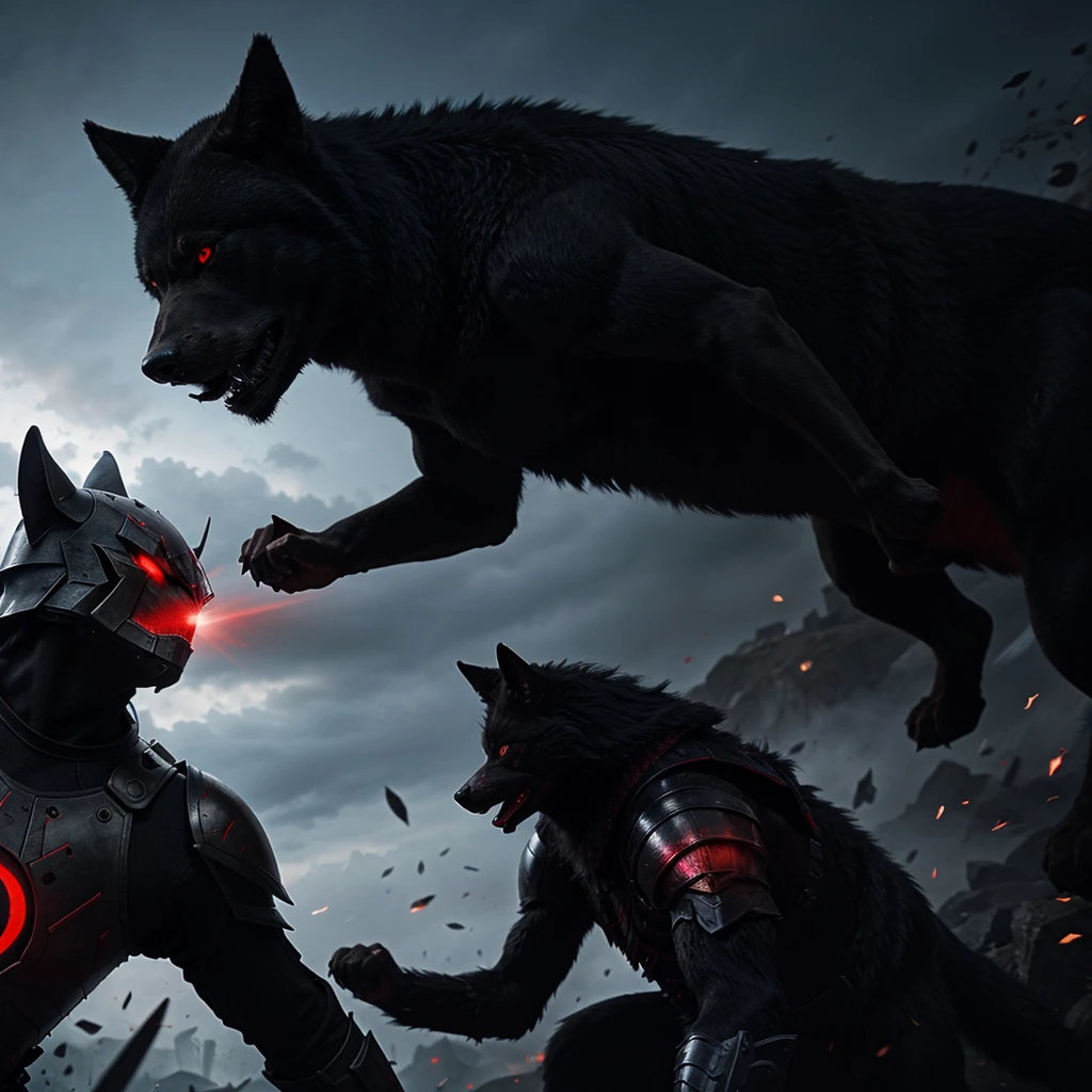 A red-eyed black armored warrior was fighting a black giant wolf.