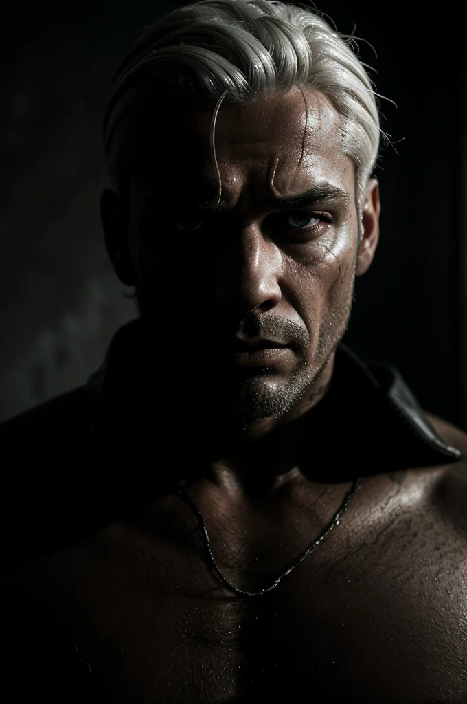 a man with white hair, angel wing tattoo on neck, intricate detailed portrait, highly realistic, photorealistic, 8k, hyperdetailed, dramatic lighting, chiaroscuro, cinematic, dramatic, moody, dark, intense, penetrating gaze, rugged face, rugged man, masculine, heroic, intense, powerful, muscular, imposing, cinematic lighting, dramatic shadows, chiaroscuro, cinematic composition, dramatic atmosphere, moody, dark, intense, highly detailed skin texture, pores, stubble, wrinkles, scars, weathered skin, dramatic lighting, dramatic shadows, cinematic composition, moody, dark, intense