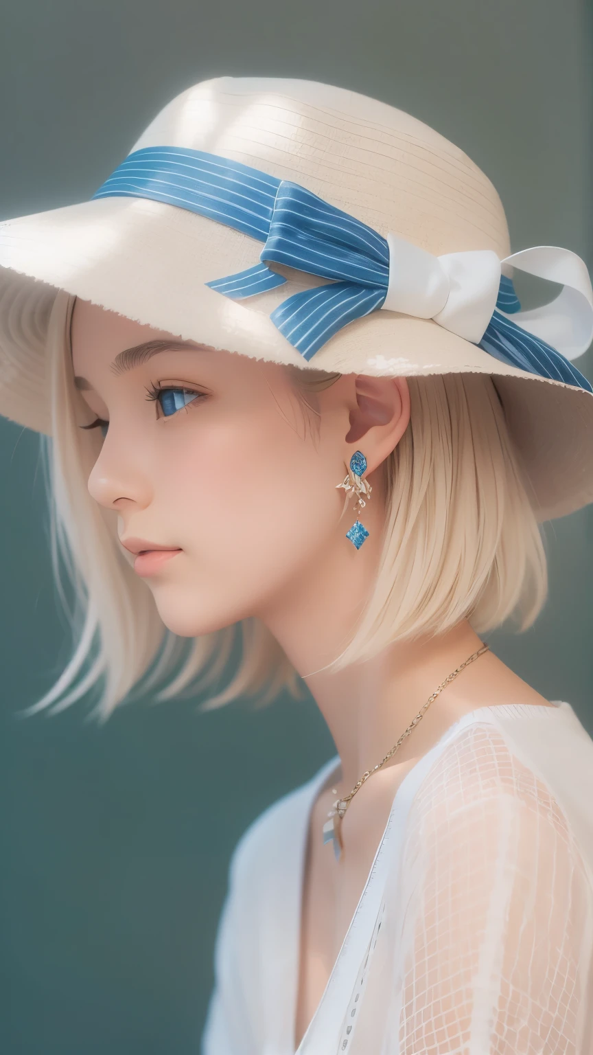Portrait of a blonde girl in a white hat and a blue shirt , earrings, necklace , extra short hair, sidelocks-hair