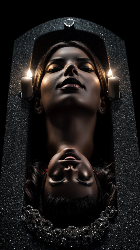 Horrifying dead women in coffin ,made of diamonds, studio light, dark background, photography
