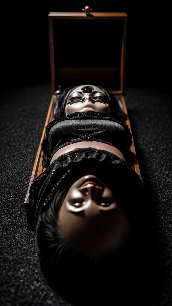 Horrifying dead women in coffin ,made of diamonds, studio light, dark background, photography