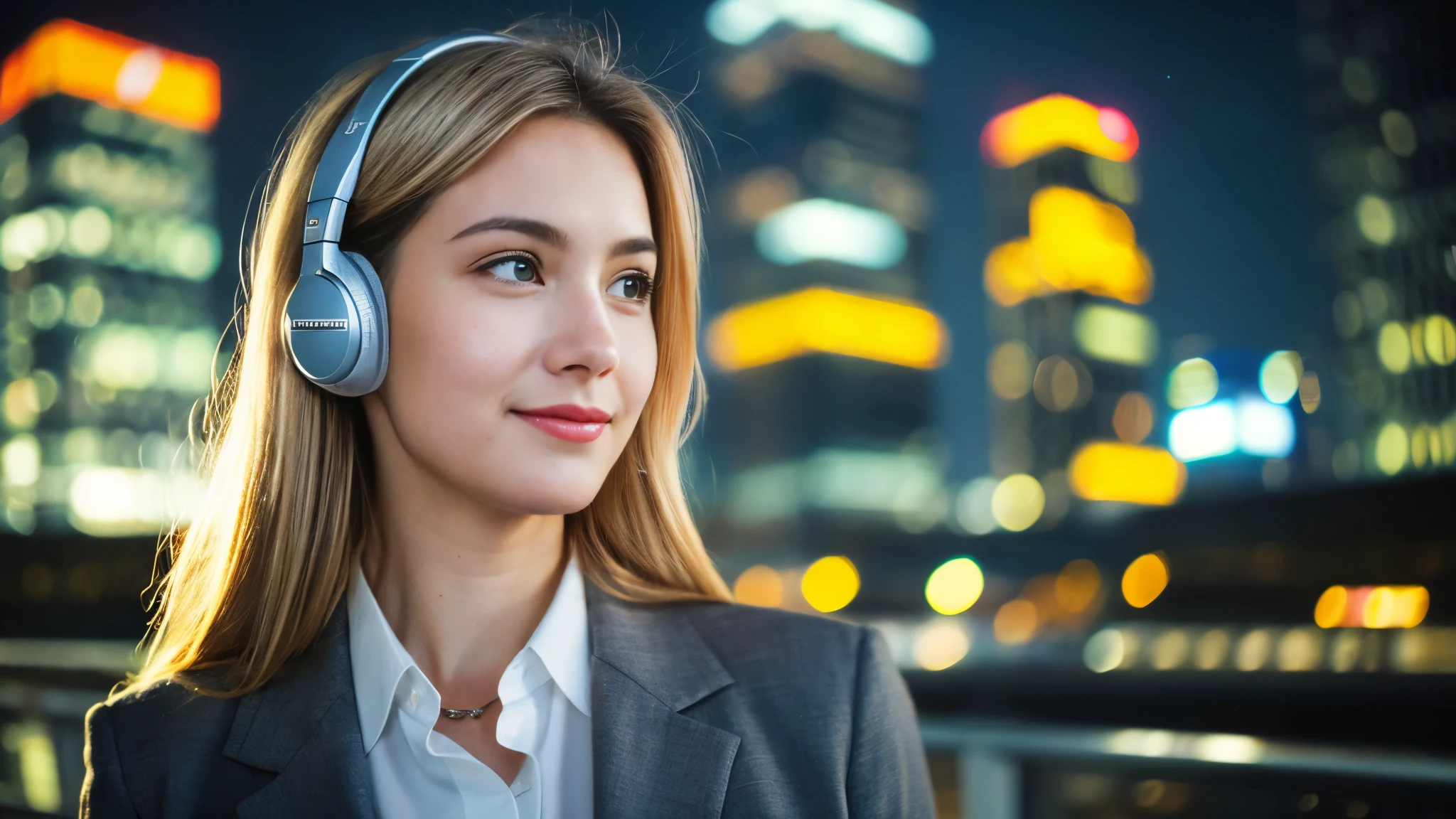 Beautiful blonde with large breasts in a gray suit (Big city at night、Wandering through the neon-lit skyscrapers),Wearing headphones,Very detailed, 21 years old, Innocent face, Naturally Wavy Hair, blue eyes, High resolution, masterpiece, Highest quality, Intricate details, Very detailed, Clear focus, Delicate skin, practical skin texture, texture, Delicate eyes, Professional, 4K, Cute Smile, Shot with Canon, 85mm, Shallow and deep,  Kodak Vision Color, Exactly, Very detailed, photograph_\(Extremist\), photographpractical, practical, Post-processing, Maximum details, Roughness, Real Life, Extremist practical, Photorealism, photographgraphy, 8K Ultra HD, photographgraphy