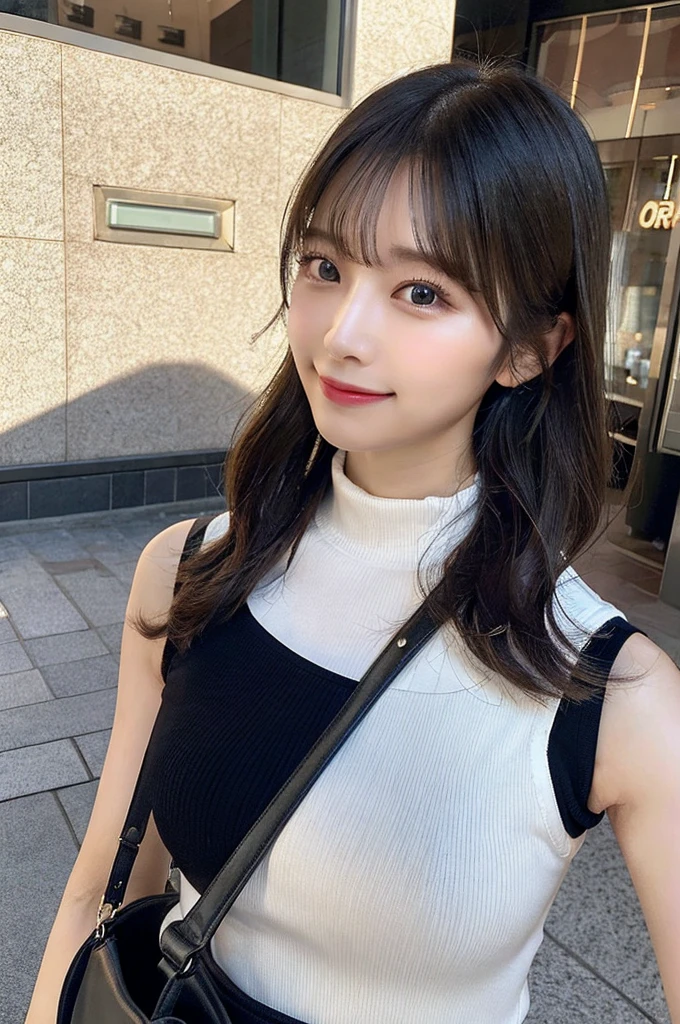 ((paisura))、Big Tits、(Carry the bag diagonally across your shoulder)、double eyelid、big 、Highest quality, shape, Very detailed, Fine details, High resolution, 8k, Perfect dynamic composition, Beautiful details, ,Natural color lip, A shy smile,Beautiful 20 year old woman、The only person, Correct posture、Cute type、Looking into the camera、Turtleneck Sleeveless、Black Hair、Upper Body