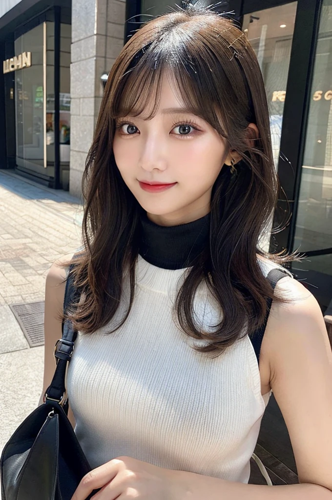 ((paisura))、Big Tits、(Carry the bag diagonally across your shoulder)、double eyelid、big 、Highest quality, shape, Very detailed, Fine details, High resolution, 8k, Perfect dynamic composition, Beautiful details, ,Natural color lip, A shy smile,Beautiful 20 year old woman、The only person, Correct posture、Cute type、Looking into the camera、Turtleneck Sleeveless、Black Hair、Upper Body