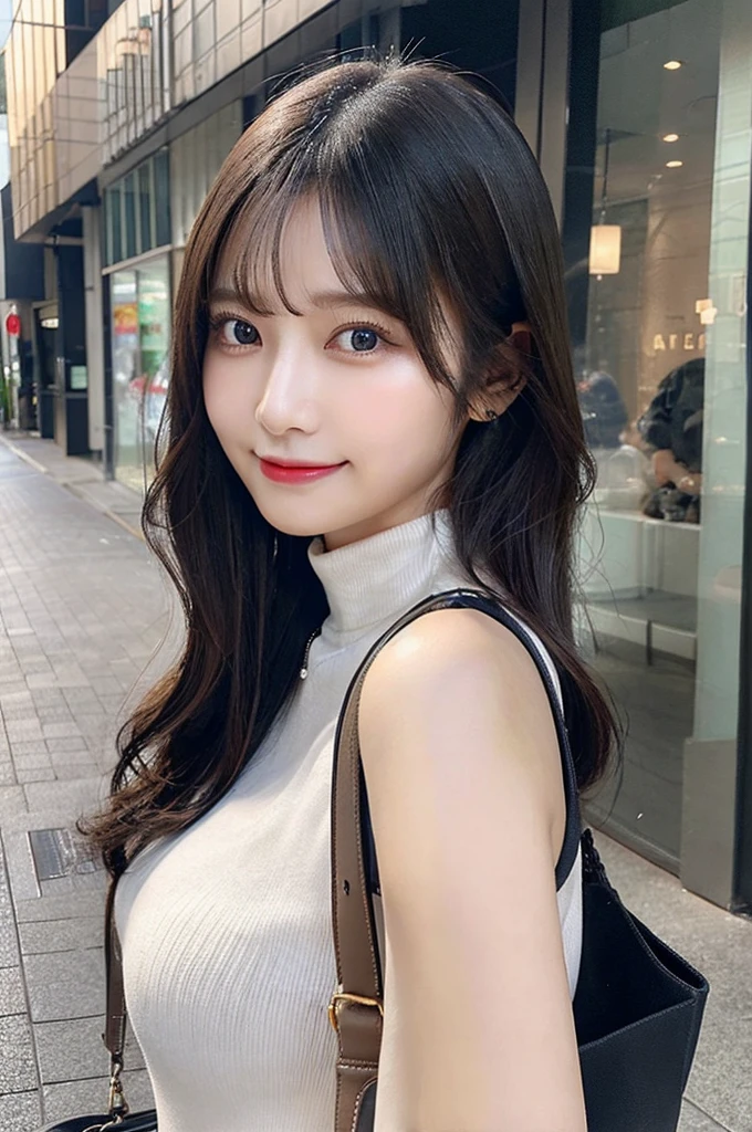 ((paisura))、Big Tits、(Carry the bag diagonally across your shoulder)、double eyelid、big 、Highest quality, shape, Very detailed, Fine details, High resolution, 8k, Perfect dynamic composition, Beautiful details, ,Natural color lip, A shy smile,Beautiful 20 year old woman、The only person, Correct posture、Cute type、Looking into the camera、Turtleneck Sleeveless、Black Hair、Upper Body