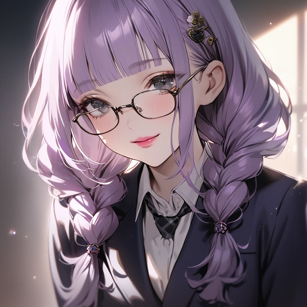 (Cute a girl:1.5), (masterpiece:1.3), anime visual, (school uniform Navy blazer, black ribbon tie, white blouse, checked skirt:1.3 ), (Lovey-dovey:1.5), (tilt head:1.3), extremely delicate face, soft clean focus, realistic lighting and shading, (an extremely delicate and beautiful art:1.3), elegant, (muted colors:1.1),(one girl with closs hair pin,pale purple hair,wavy two braids,blunt bangs hair,green and black eyes.pink lips:1.4), small breast,slim,smile,Slender,morning lit,Glasses, twin braids, men's suit, tie,
