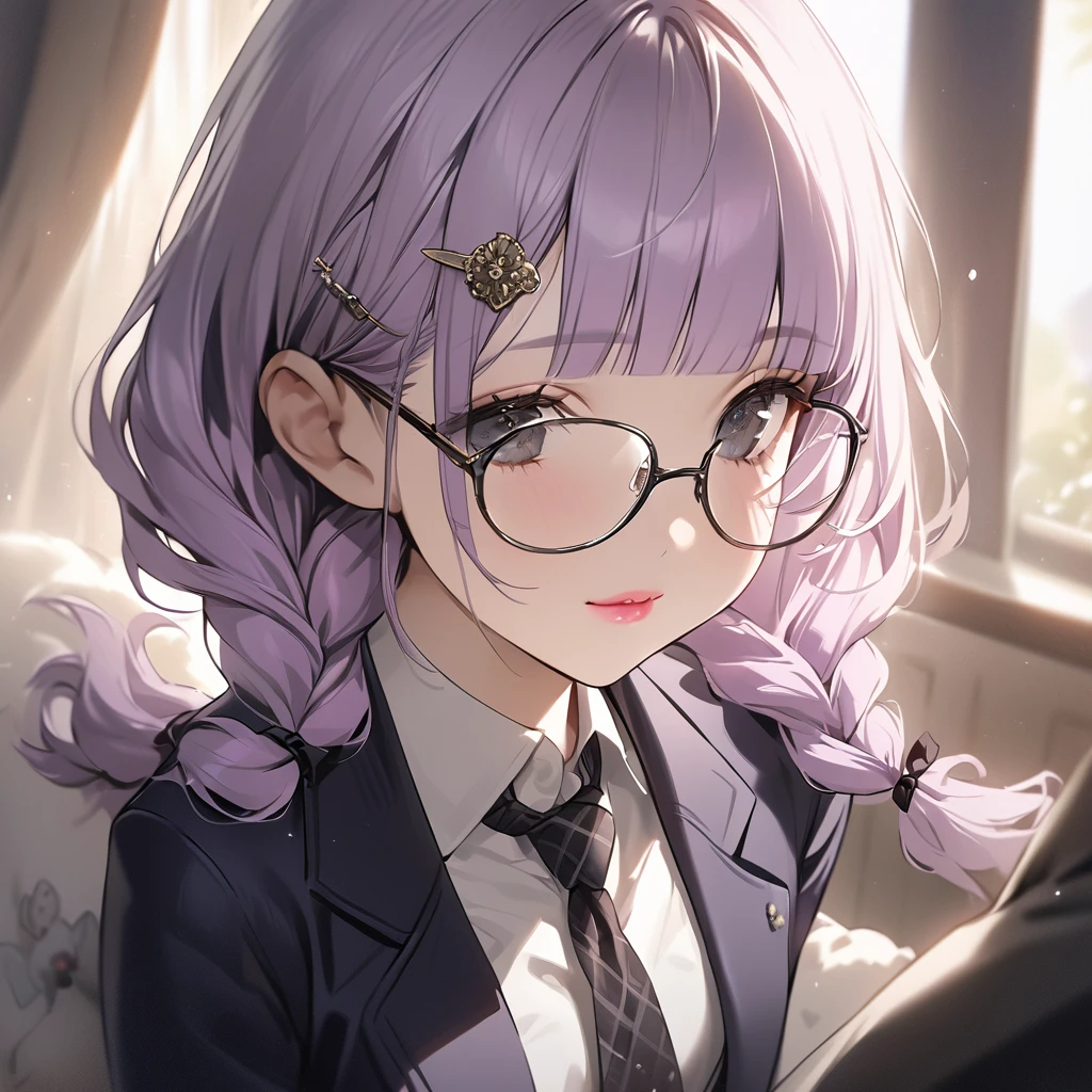 (Cute a girl:1.5), (masterpiece:1.3), anime visual, (school uniform Navy blazer, black ribbon tie, white blouse, checked skirt:1.3 ), (Lovey-dovey:1.5), (tilt head:1.3), extremely delicate face, soft clean focus, realistic lighting and shading, (an extremely delicate and beautiful art:1.3), elegant, (muted colors:1.1),(one girl with closs hair pin,pale purple hair,wavy two braids,blunt bangs hair,green and black eyes.pink lips:1.4), small breast,slim,smile,Slender,morning lit,Glasses, twin braids, men's suit, tie,