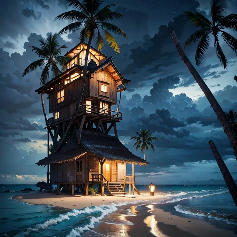 beautiful landscape, masterpiece, old small fisherman shack in a beach in thunderstorm, isolated desert island with palm trees at rain night