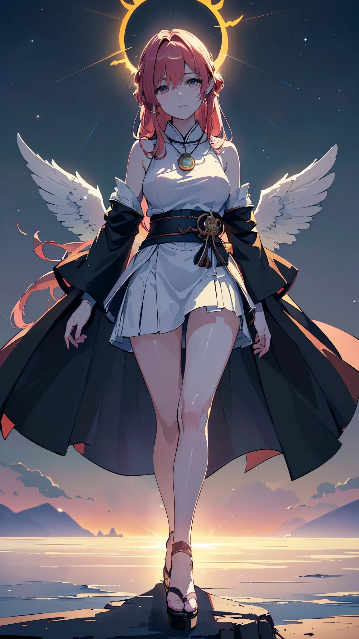 ((((high fantasy fantasy, magic, flames, armor:1, high heels:1, long hair:1, flowing dress:1, flowing cloak:1, fire:1, aurora borealis:1)), 1girl, standing, facing viewer, (medallion:1, pendant:1), (wings:1), (fire in hands:1), (smiling), pink hair, green eyes, pale skin, ((ultra detailed eyes:0.7, beautiful and detailed face, detailed eyes:0.9))), ((centered)), (wide shot), facing viewer, (((outdoors, darkness, falling stars:0.9))), medium breasts, looking at viewer, ((half closed eyes)), ((perfect hands)), (((head:1, arms, hips in view, elbows, thighs, in view))), ((hands at sides)), lively eyes, beautiful lighting, outside, outdoors, background, ((defined subject)), 25 years old, (head tilt), (((cool))), ((lively)), (((high contrast))), BREAK,((4k resolution)),((high quailty lens)),((lens ISO f4.5)),((effect blurred rim +5)),((Eliminates Chromatic Aberration)),((Enable Canon lens correction)),BREAK,((best graphics model)),((Bright balance and soft ratio)), ((moderate dark balance)),((dark area 30%)),((((contrast 10%)), BREAK,((ratio sun beam 60%)),((Sky light 10%)),BREAK,((of the highest quality, 8K,Raw photo)),Japanese style colors, Soft-beam light, afternoon light,BREAK,((Fixed Finger, Hand))