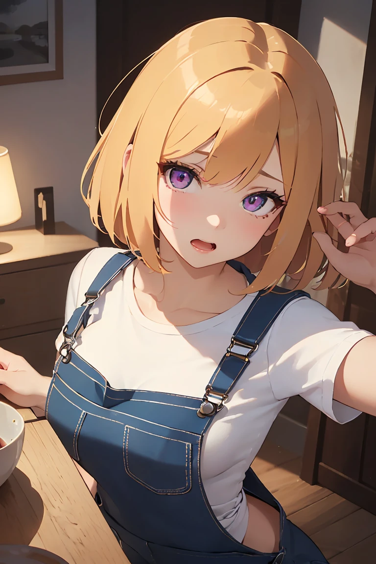 masterpiece, absurdres, best quality, ultra detailed, high Resolution, detailed illustration, bright colour, (extremely beautiful detailed face and eyes, Delicate beautiful face, 1 girl, cute face:1.3), (magenta eyes:1.1), sparkling eyes, big eyes, medium breasts, (perky breasts:1.1), (pointy breasts:1.1), medium hips, glamorous body, white skin, BREAK, long bob cut, (blonde hair:0.8), messy hair, detailed hair, shiny hair, BREAK (overalls, down blouse:1.3), perfect lighting, (embarrassed:1.3), (ecstasy, vulgarity:1.5), (trembling:0.8), Touching the chest, full body, From above, 