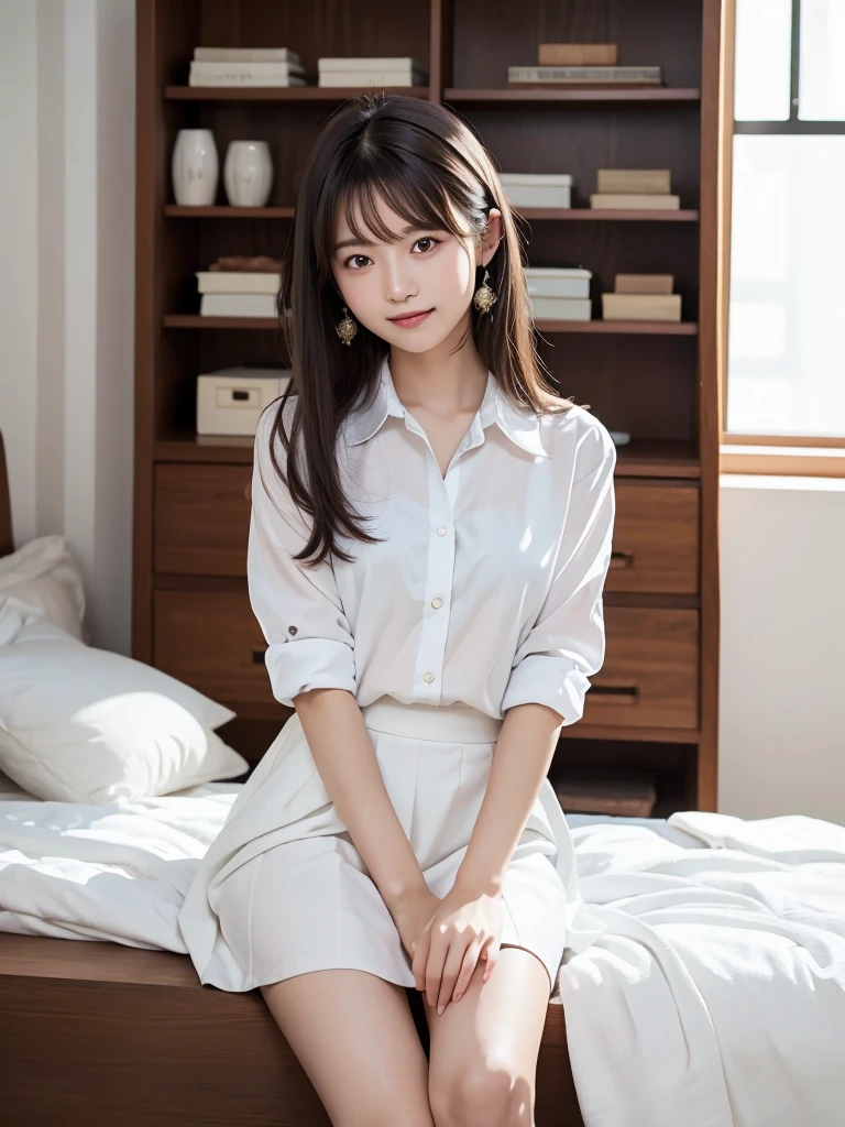 (Highest quality、masterpiece:1.9)、((Neat and clean female college student、1 person))、Soft lighting by a professional photographer、Natural light、((Very spacious white luxurious room:1.6))、((Bright white room:1.6))、(Sitting on a very luxurious white bed:1.2)、(White Bookcase:1.1)、Natural soft light、((Brown Hair:1.1))、Fair skin、Detailed Eyes、double eyelid、Slightly puffy cheeks、((Small Face:1.0))、((Grey check dress shirt、White mini skirt、Please wear it with the chest open.:1.2))、(smile)、((Girly pose 1.8))、High resolution,、((Long Hair:1.2))、((Full Body Shot:1.2))、Live-action image quality、((Height: 150cm))、Hands in front、Hide your hands between your legs、(No bangs:1.1)、