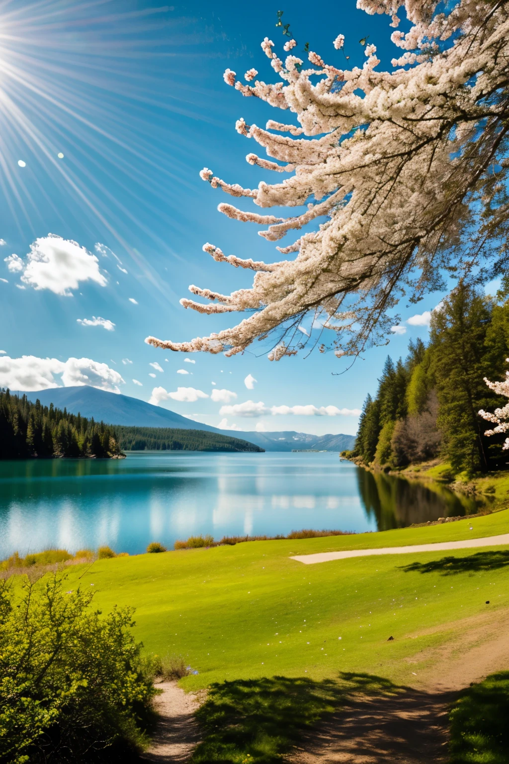 impressionism, deep blue sky background, few wind cloud, bright soft, a lake, strong black horse, white mare at the path trail by the lake, leafy cedar, green fiel, big red blossom, Turquoise, Aqua, Peach, Pink, Yellow pastel colours.