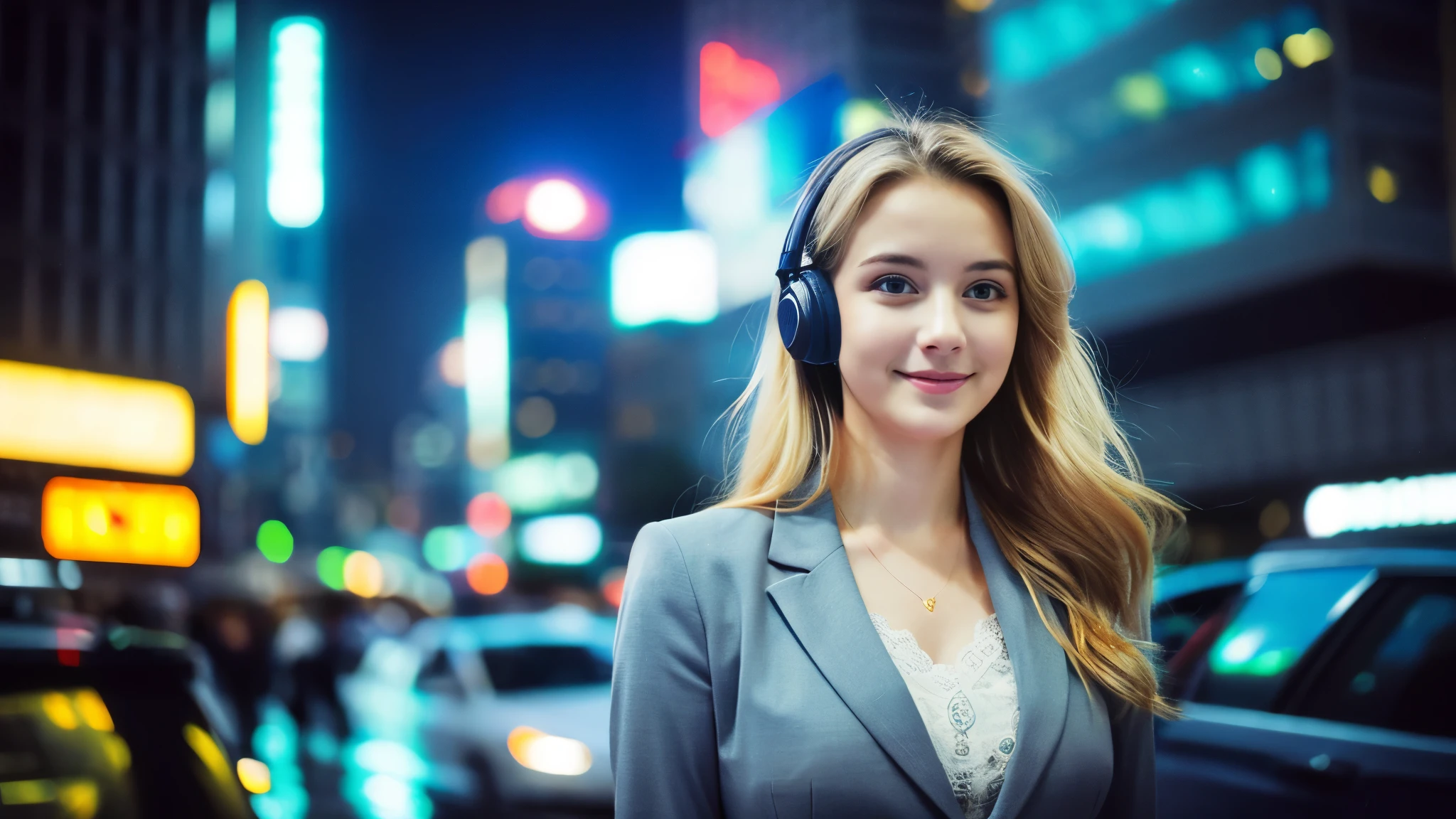 Beautiful blonde with large breasts in a gray suit (Big city at night、Wandering through the neon-lit skyscrapers),Wearing headphones,Very detailed, 21 years old, Innocent face, Naturally Wavy Hair, blue eyes, High resolution, masterpiece, Highest quality, Intricate details, Very detailed, Clear focus, Delicate skin, practical skin texture, texture, Delicate eyes, Professional, 4K, Cute Smile, Shot with Canon, 85mm, Shallow and deep,  Kodak Vision Color, Exactly, Very detailed, photograph_\(Extremist\), photographpractical, practical, Post-processing, Maximum details, Roughness, Real Life, Extremist practical, Photorealism, photographgraphy, 8K Ultra HD, photographgraphy