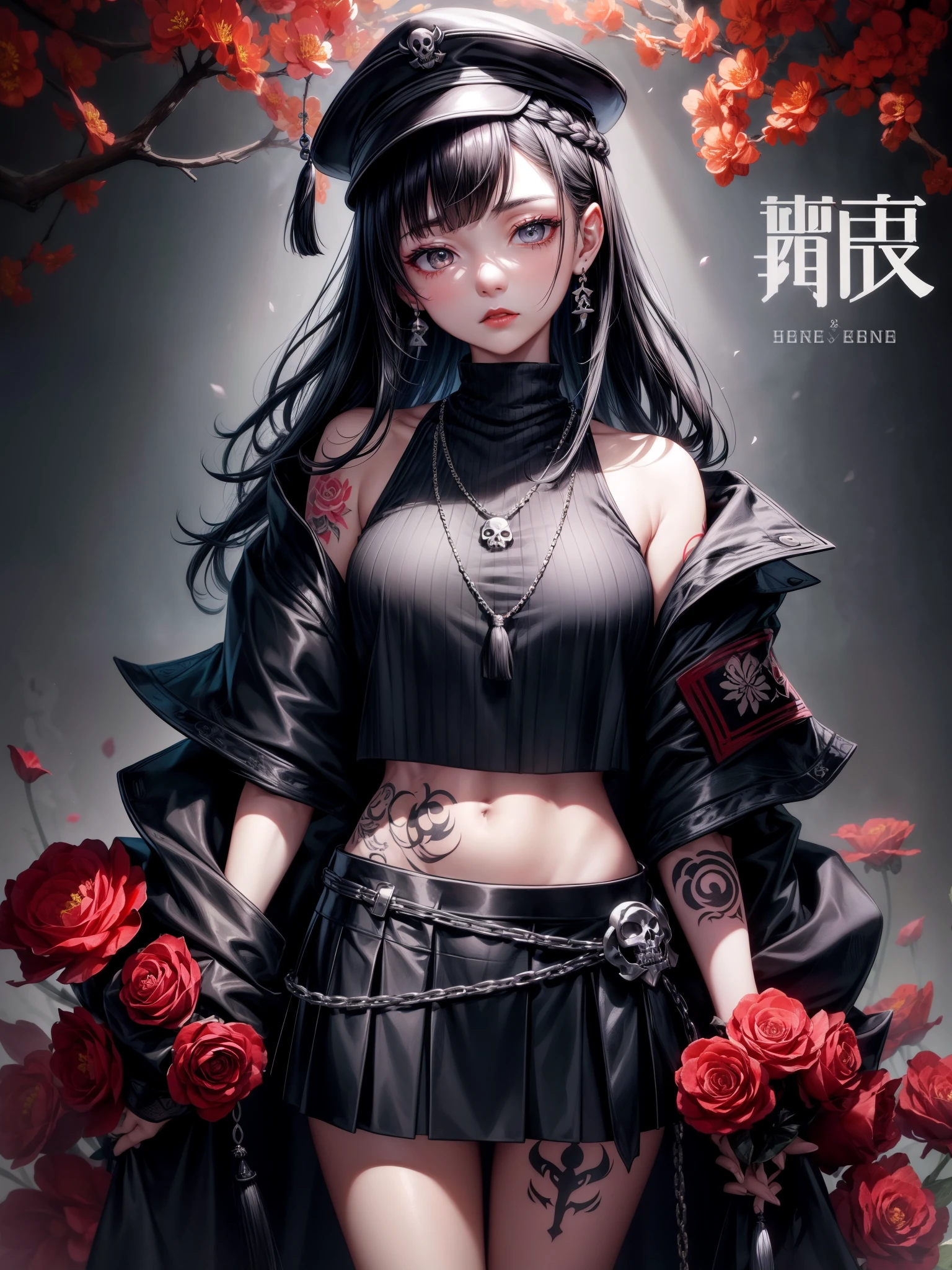 XUER Poster Art、One woman、solo、Long Hair、chest、Watching the viewer、Simple Background、shirt、Black Hair、hair ornaments、hat、White background、Exposing shoulders、jewelry、Jacket、Upper Body、Braid、flower、Earrings、Open lips、Open clothes、No sleeve、abdomen、髪のflower、necklace、Off the shoulder、開いたJacket、黒いJacket、Crop top、Grey Eyes、Fur trim、No sleeve shirt、黒いhat、Tattoo、makeup、turtleneck、lipstick、Tassel、Peaked Cap、青いflower、skull、紫色のflower、Red lips、肩のTattoo、Skull and bones、flowerのTattoo、
A tense shot、(Visual impact、Give your poster a dynamic and visually striking look:1.2)、High-impact photos、(whole body:1.3)、
(masterpiece、Highest quality:1.2)、Official Art、colorful、Color Splash、Cinematic Perspective、Ad Style、Magazine Cover、fashionable、