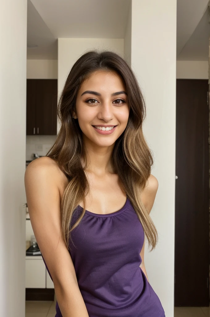 24YO,one attractive Jordanian women, purple shirt, cute smile, cute face, white teethes, skinny face, light brown eyes, small nose, black/blonde long hair