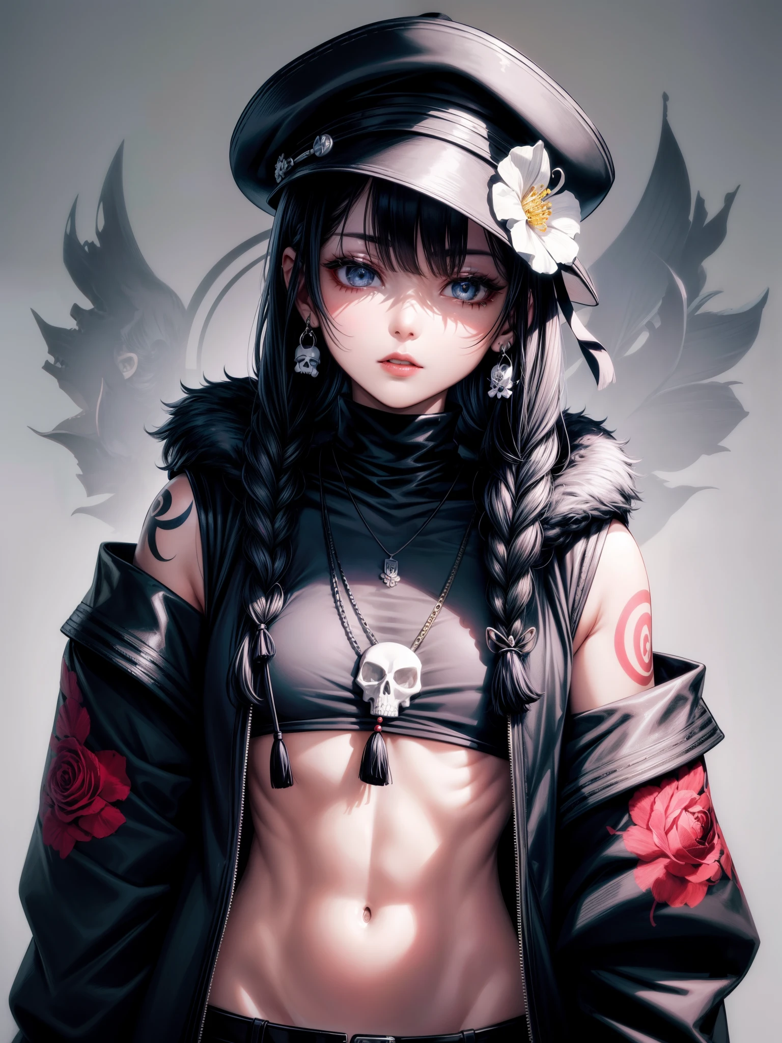 XUER Poster Art、One woman、solo、Long Hair、chest、Watching the viewer、Simple Background、shirt、Black Hair、hair ornaments、hat、White background、Exposing shoulders、jewelry、Jacket、Upper Body、Braid、flower、Earrings、Open lips、Open clothes、No sleeve、abdomen、髪のflower、necklace、Off the shoulder、開いたJacket、黒いJacket、Crop top、Grey Eyes、Fur trim、No sleeve shirt、黒いhat、Tattoo、makeup、turtleneck、lipstick、Tassel、Peaked Cap、青いflower、skull、紫色のflower、Red lips、肩のTattoo、Skull and bones、flowerのTattoo、
A tense shot、(Visual impact、Give your poster a dynamic and visually striking look:1.2)、High-impact photos、(whole body:1.3)、
(masterpiece、Highest quality:1.2)、Official Art、colorful、Color Splash、Cinematic Perspective、Ad Style、Magazine Cover、fashionable、