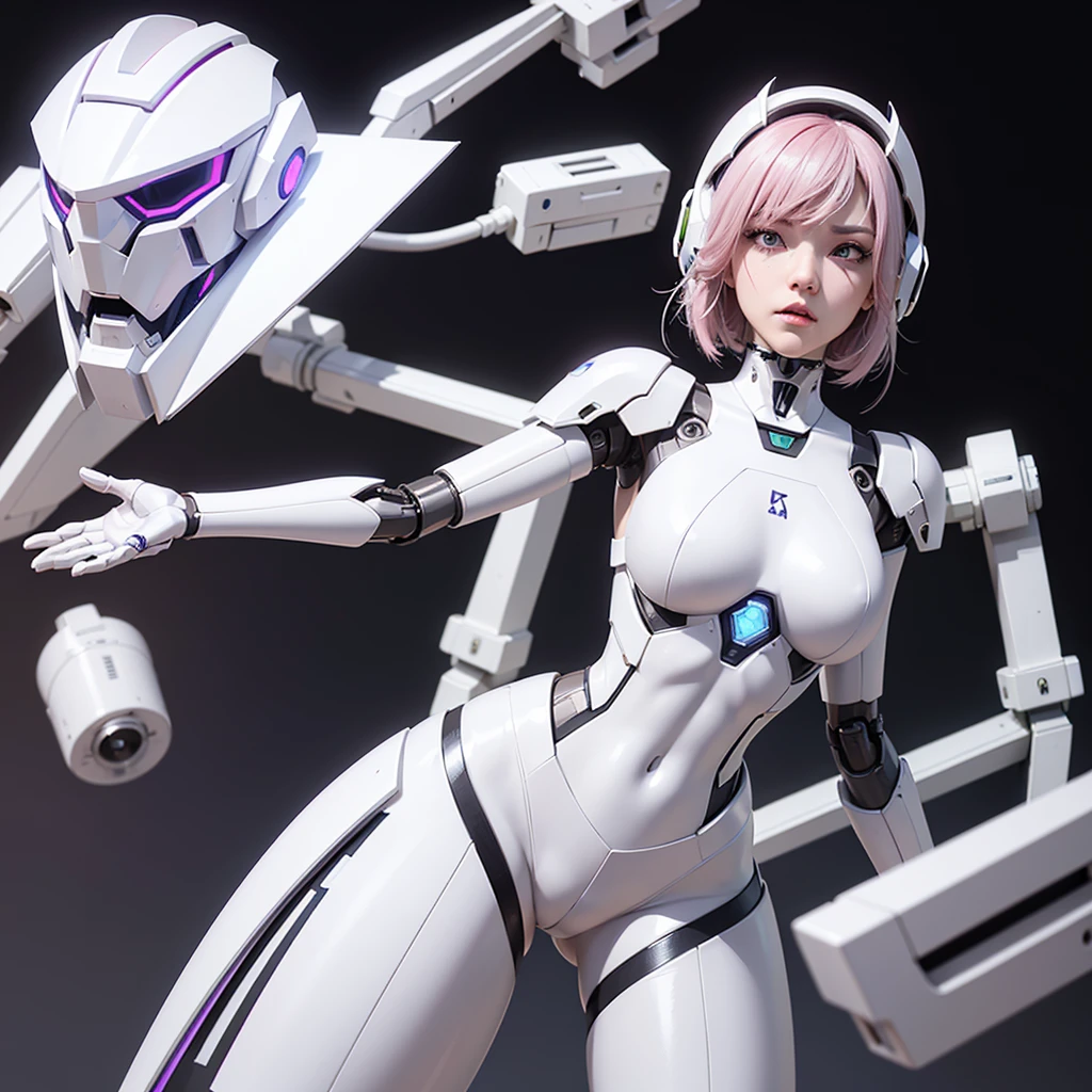 a girl with a full white cyborg body, featuring sleek and high-tech components. She has short pink hair, purple eyes, and an angry expression. She is wearing a robot mask that partially obscures her face, with her polished mechanical limbs and torso emphasizing her intense emotions. ((white robot mecha helmet)), ((white cyborg body))