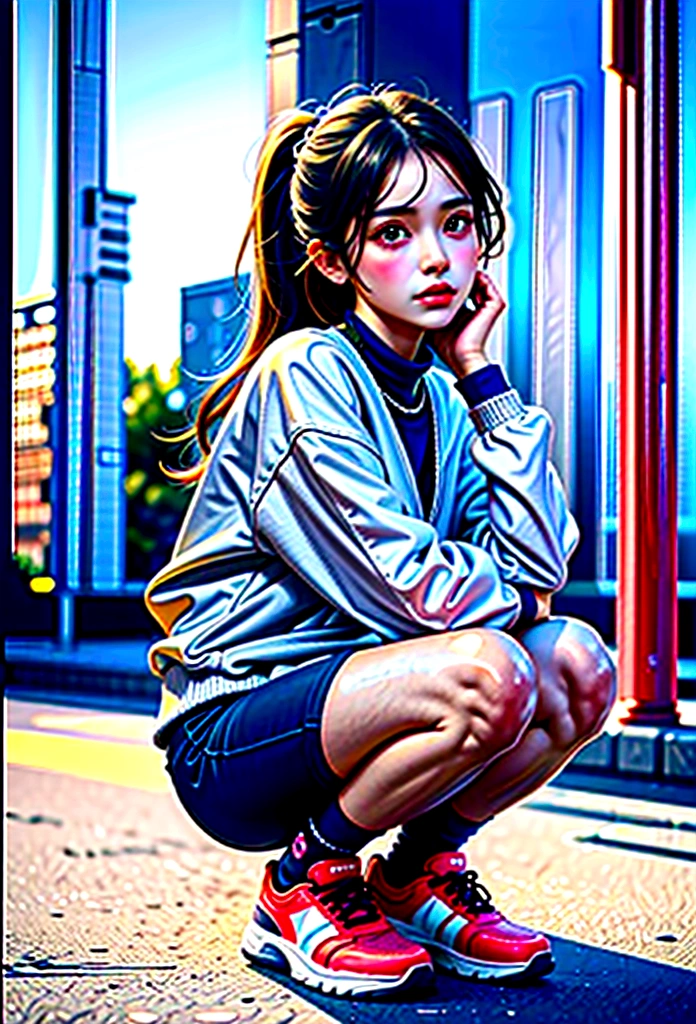 Best quality，masterpiece，16k，A girl，Wear sportswear，Squat on the street，