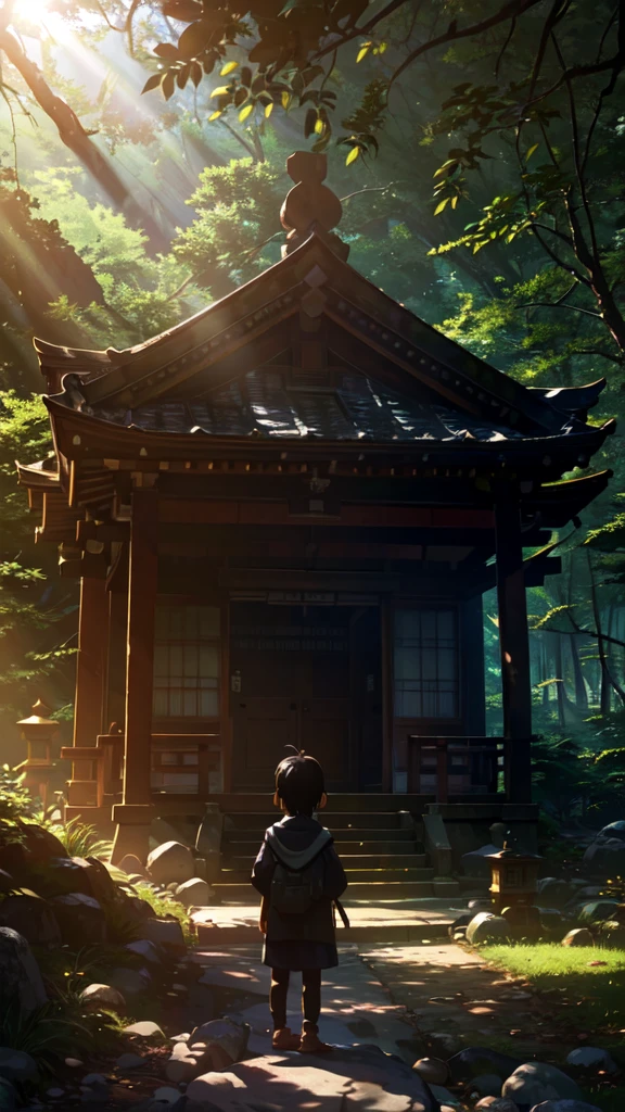 An old shrine in the mountains, sunlight filtering through the trees, and a little boy