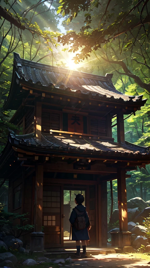 An old shrine in the mountains, sunlight filtering through the trees, and a little boy
