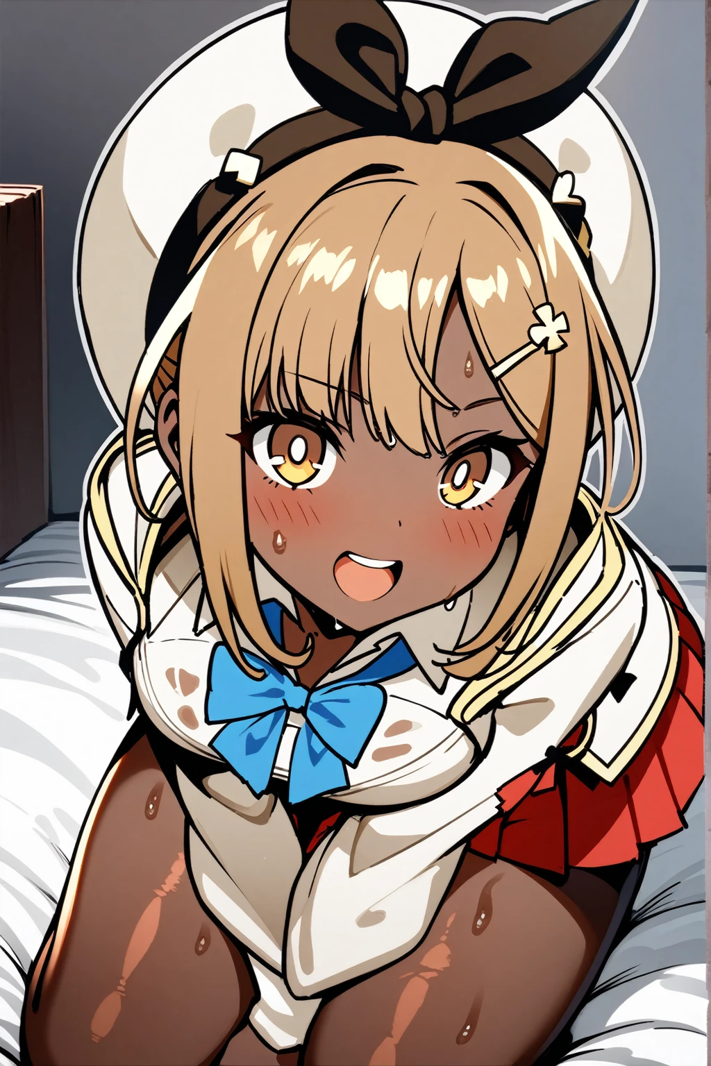((Reisalin Stout,Atelier Ryza,hat,hairbow,gold blond hair,brown skin,white blazer school uniforms,very short red Pleated skirts,)),(white sexual underwear,)((solo girl)),((Perfect body,))((Super beautiful,))((High quality,)), (sweaty,) (wet all over,) ,in bedroom,breast,collar,nswf,((Show off your crotch by opening your crotch in a crouching posture,))Face and whole body wet with sweat and semen and glossy,Smile, 1girl,thick thighs