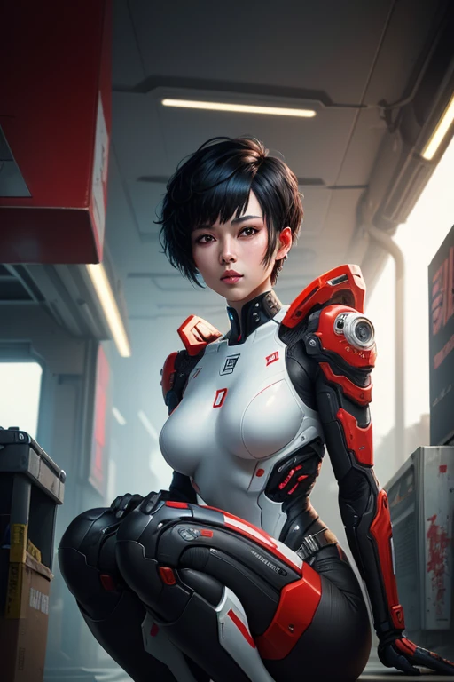 Digital Cyberpunk Art、8k、Very detailed、Black short-cut hair、Wearing a white and red battle suit、Inside a weightless spaceship、Hold your knees、Floating、Japanese women、Hyperrealistic Painting