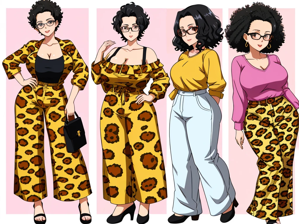 Anime Women, Highest quality:1.2),Detailed face, Lady、Glasses、Afro、short hair、Very short hair、Curly hair、Forehead、、Her large breasts are visible through her clothes, Big ass through clothes, Leopard print jumpsuit、Wide leg pants