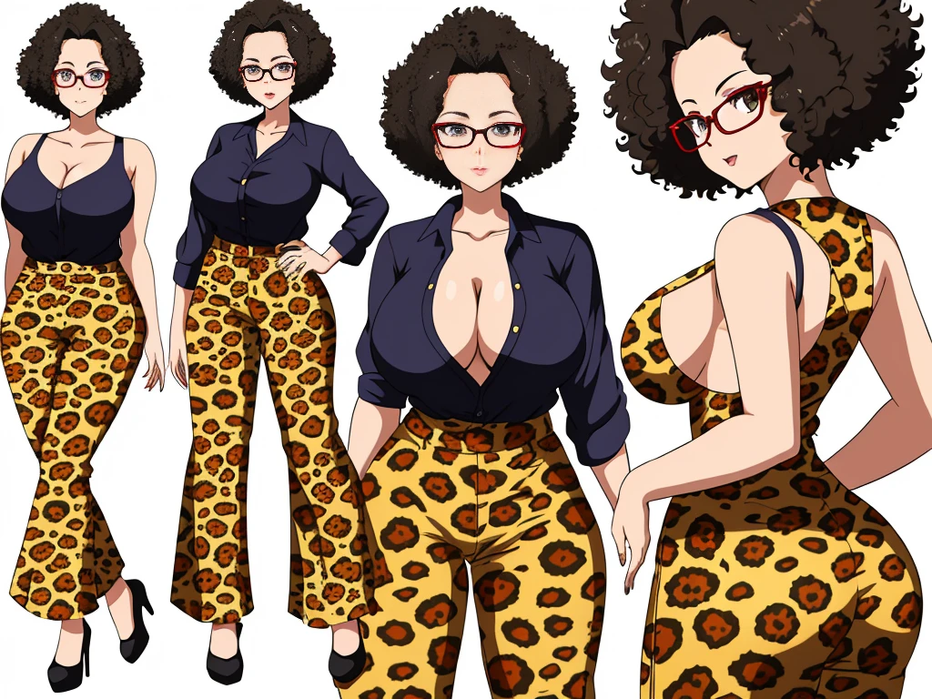 Anime Women, Highest quality:1.2),Detailed face, Lady、Glasses、Afro、short hair、Very short hair、Curly hair、Forehead、、Her large breasts are visible through her clothes, Big ass through clothes, Leopard print jumpsuit、Wide leg pants