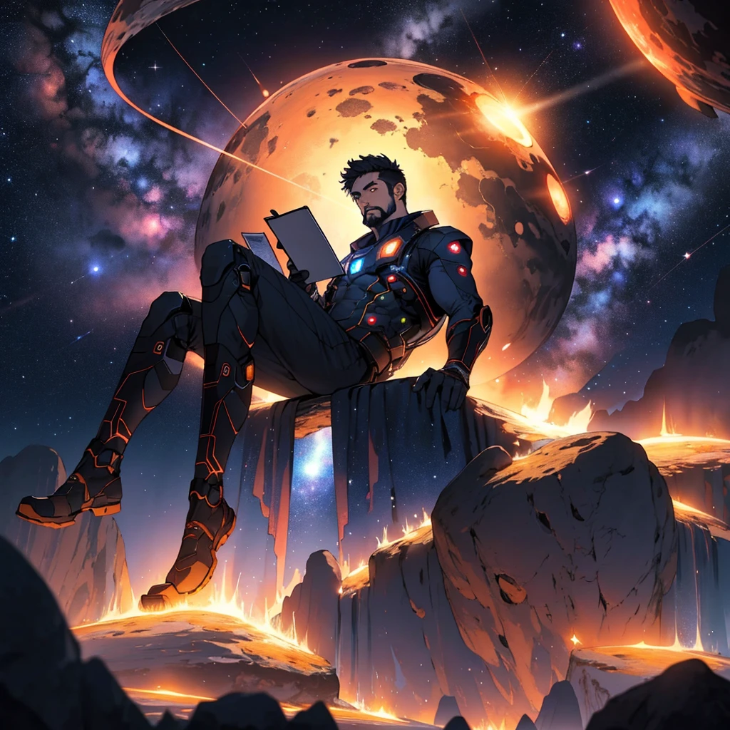 Draw a young programmer, sitting on a research platform floating in the middle of an asteroid belt. He is studying with a notebook, surrounded by several asteroids glowing with fiery auras. Dramatic lighting from distant stars and planets illuminates the scene, casting deep shadows on the suit. The young man looks confident and determined, looking at the vast and mysterious universe with wonder and respect,facial hair, cowboy shot,