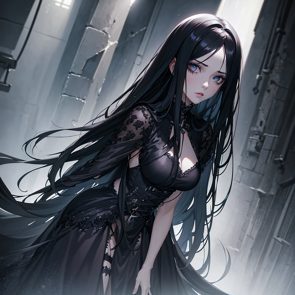 1girl, long black hair, gothic dress, vampire girl, full body standing pose, detailed face, beautiful detailed eyes, beautiful detailed lips, extremely detailed eyes and face, long eyelashes, dramatic lighting, chiaroscuro, dark fantasy, cinematic, moody, dramatic, dark colors, dark and moody, dark and gothic, dramatic shadows, dramatic pose, dramatic lighting, dramatic atmosphere, photorealistic, 8k, high resolution, best quality, masterpiece, ultra-detailed, realistic, photo-realistic