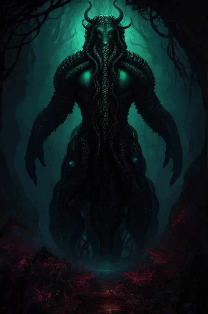 There is a painting of a giant animal, human body, multiple arms, Lovecraftian inspiration, lovecraftian creature, lovecraft illustration, lovecraftian style, HP Lovecraft Style, lovecraftian monster, subtle lovecraftian vibes, lovecraftian, lovecraftian horror , mixture of poison