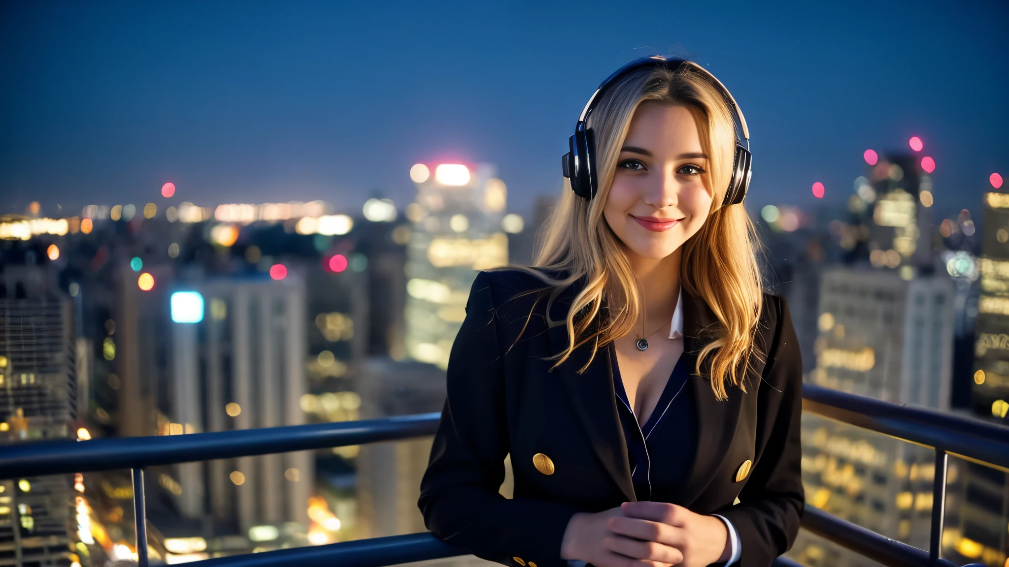 Beautiful blonde with big breasts in a black suit (Big city at night、Rooftop、Sparkling scenery),Wearing headphones,Very detailed, 21 years old, Innocent face, Naturally Wavy Hair, blue eyes, High resolution, masterpiece, Highest quality, Intricate details, Very detailed, Clear focus, Delicate skin, practical skin texture, texture, Delicate eyes, Professional, 4K, Cute Smile, Shot with Canon, 85mm, Shallow and deep,  Kodak Vision Color, Exactly, Very detailed, photograph_\(Extremist\), photographpractical, practical, Post-processing, Maximum details, Roughness, Real Life, Extremist practical, Photorealism, photographgraphy, 8K Ultra HD, photographgraphy